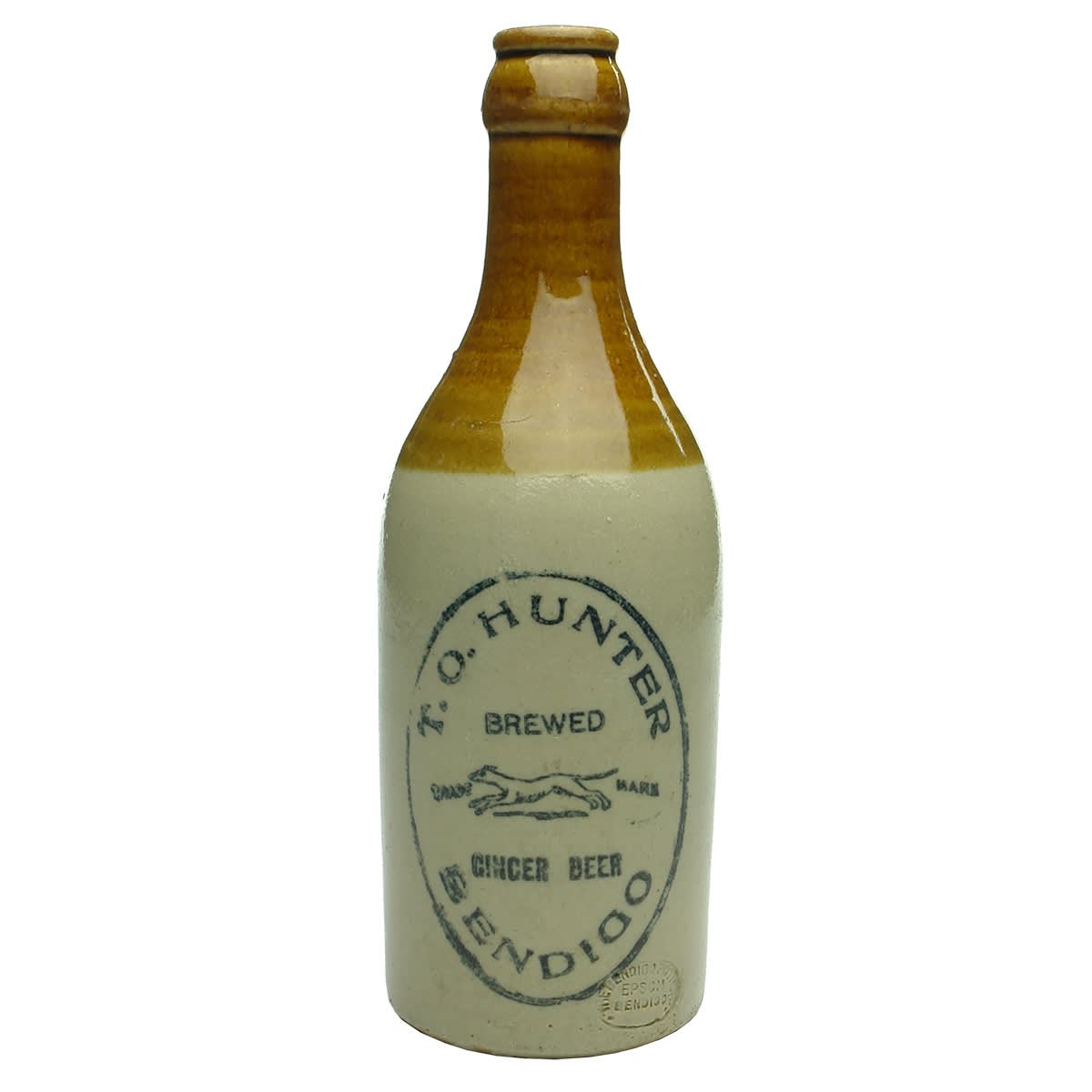 Ginger Beer. T. O. Hunter, Bendigo. Greyhound. Champagne. Crown Seal. Tan Top. Bendigo Pottery. (Victoria)