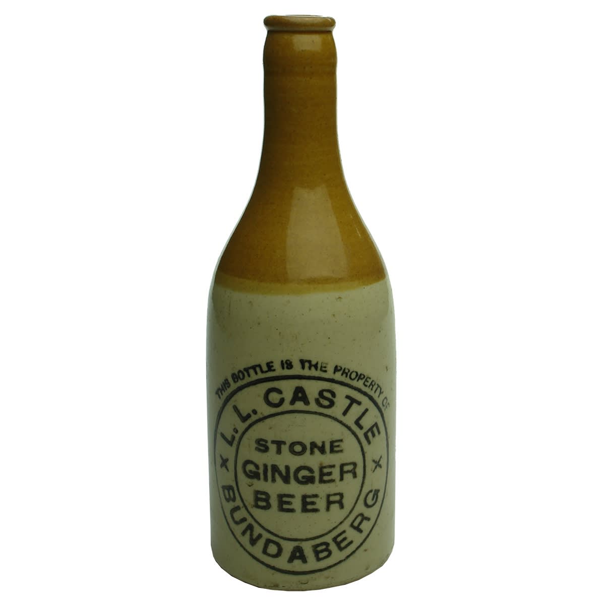 Ginger Beer. L. L. Castle, Bundaberg. Mauri Bros stamp. Crown Seal. Champagne. Tan Top. (Queensland)