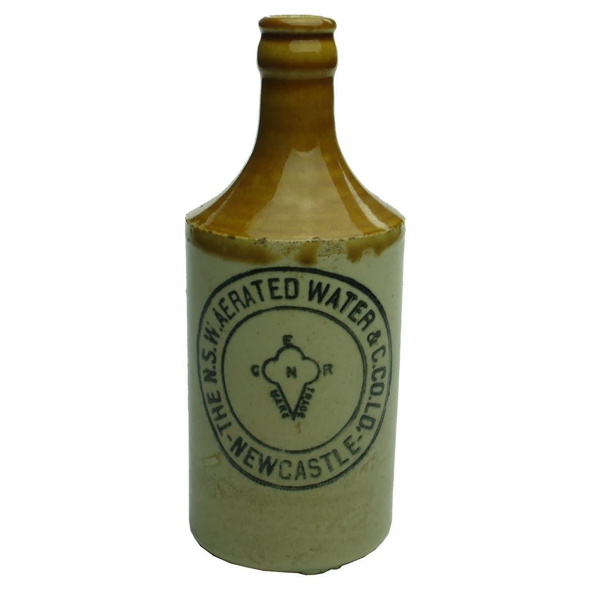 Ginger Beer. NSW Aerated Water & C. Co. Ld. Newcastle. R. Fowler 1915 stamp. Crown Seal. Dump. Tan Top. (New South Wales)
