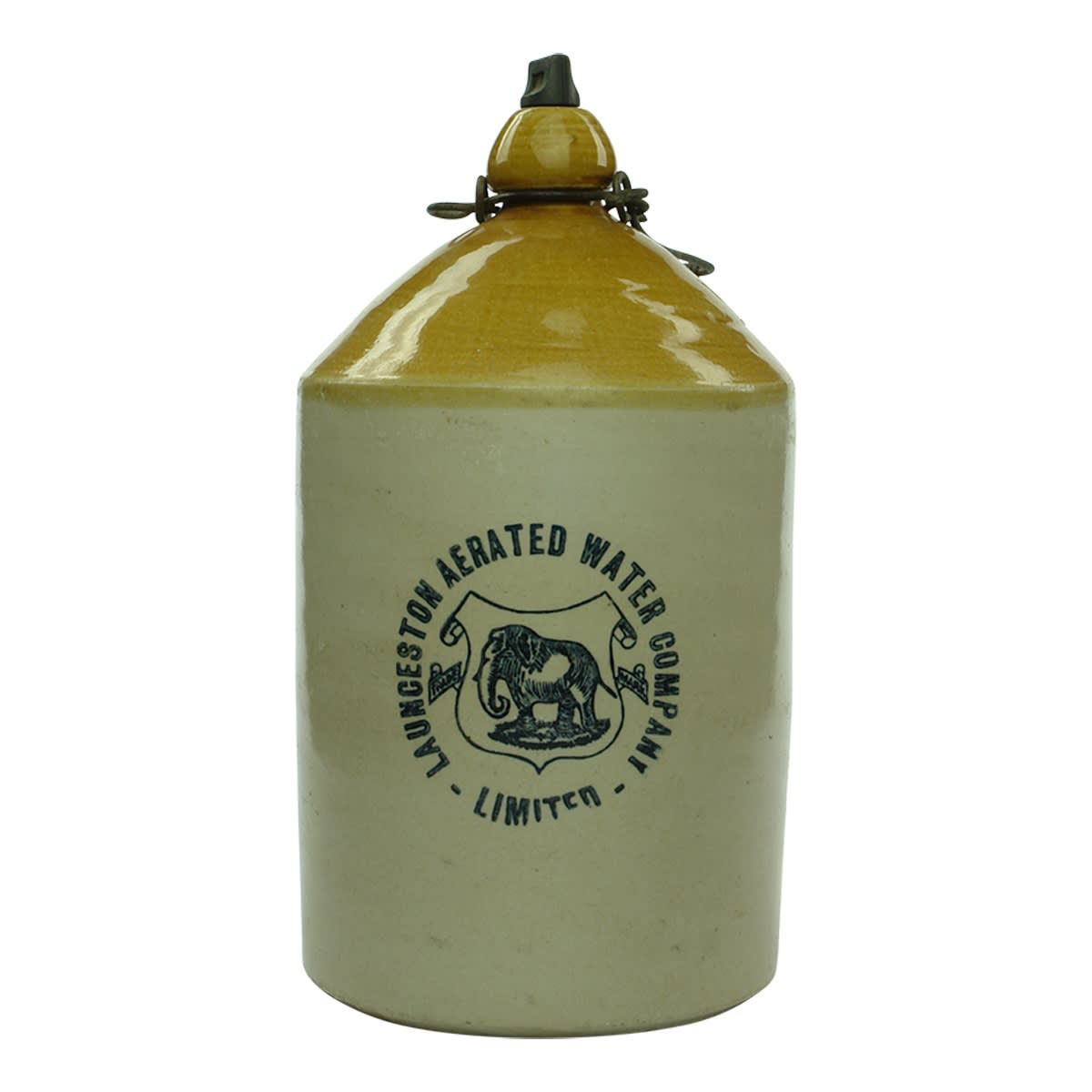 Demijohn. Launceston Aerated Water Company Limited. Elephant. Tan Top. Internal Thread. 1 Gallon. (Tasmania)