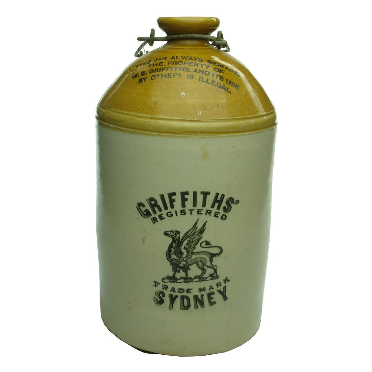 Demijohn. W. E. Griffths, Sydney. Griffin. Internal Thread. Tan Top. Gallon. (New South Wales)