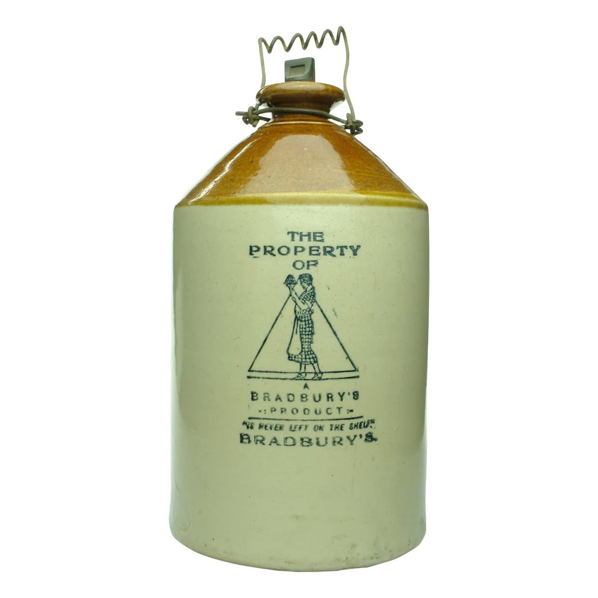 Demijohn. Bradbury's Manufacturing Co. Internal Thread. Bendigo Pottery. Tan/Chocolate Top. (Tasmania)