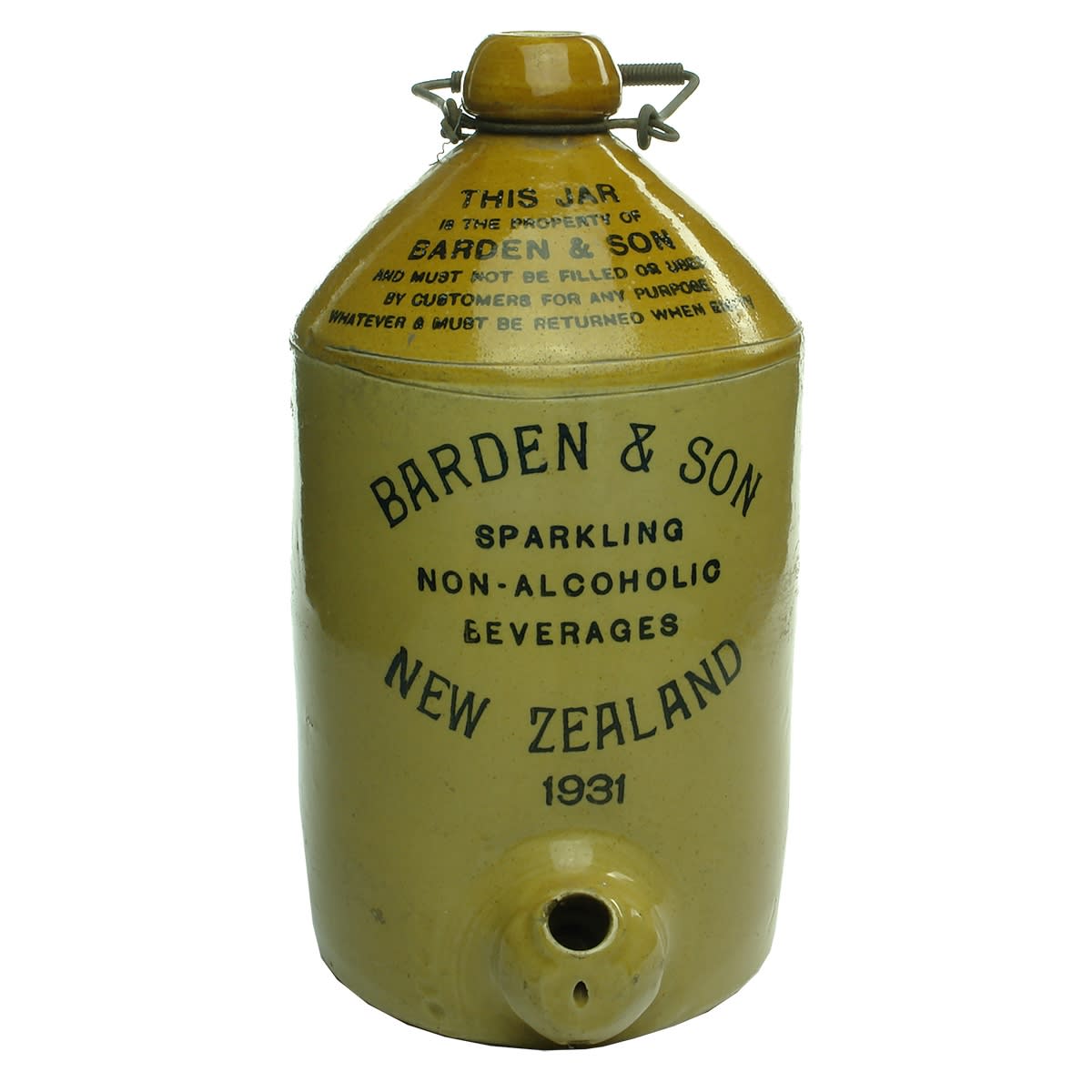 Demijohn. Barden & Son, Sparkling Non-Alcoholic Beverages, New Zealand, 1931. Spigot. Gallon.
