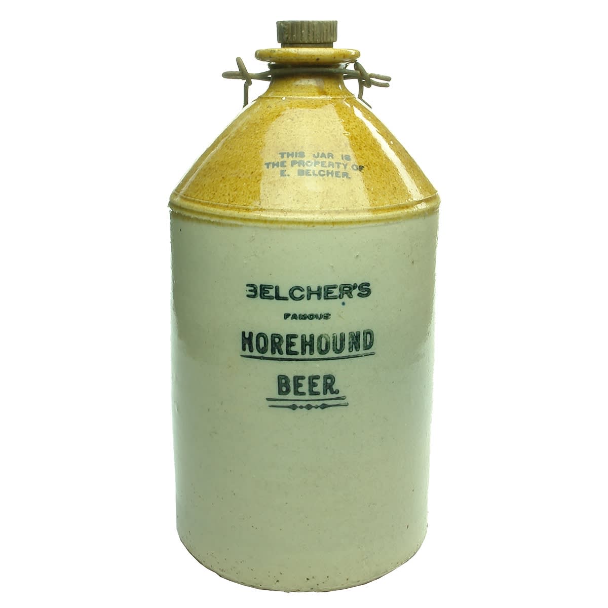 Demijohn. Belcher's Famous Horehound Beer. E. Belcher. Tan top. Internal Thread. One Gallon. (Brunswick, Victoria)