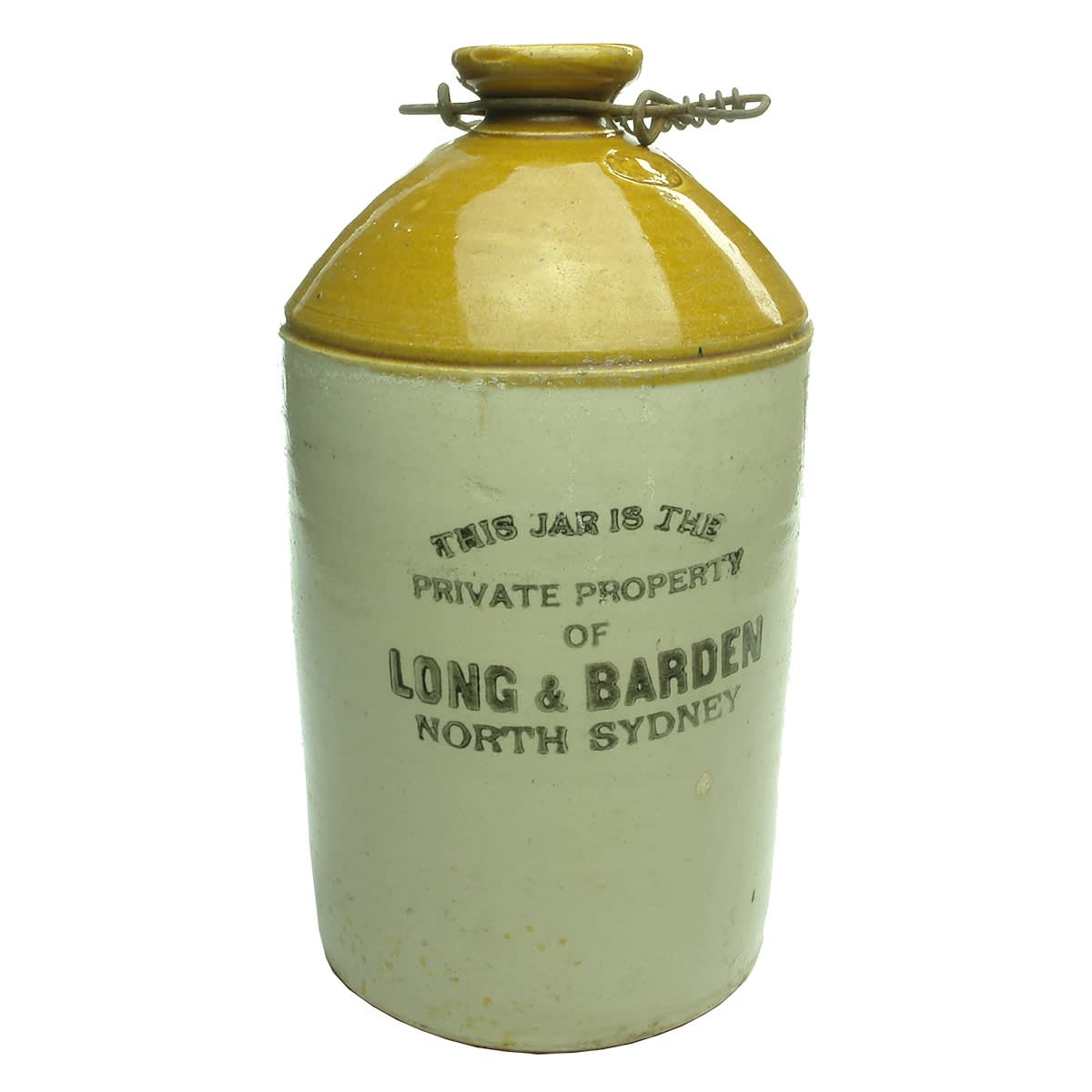 Demijohn. Long & Barden, North Sydney. Fowler pottery. Gallon. (New South Wales)