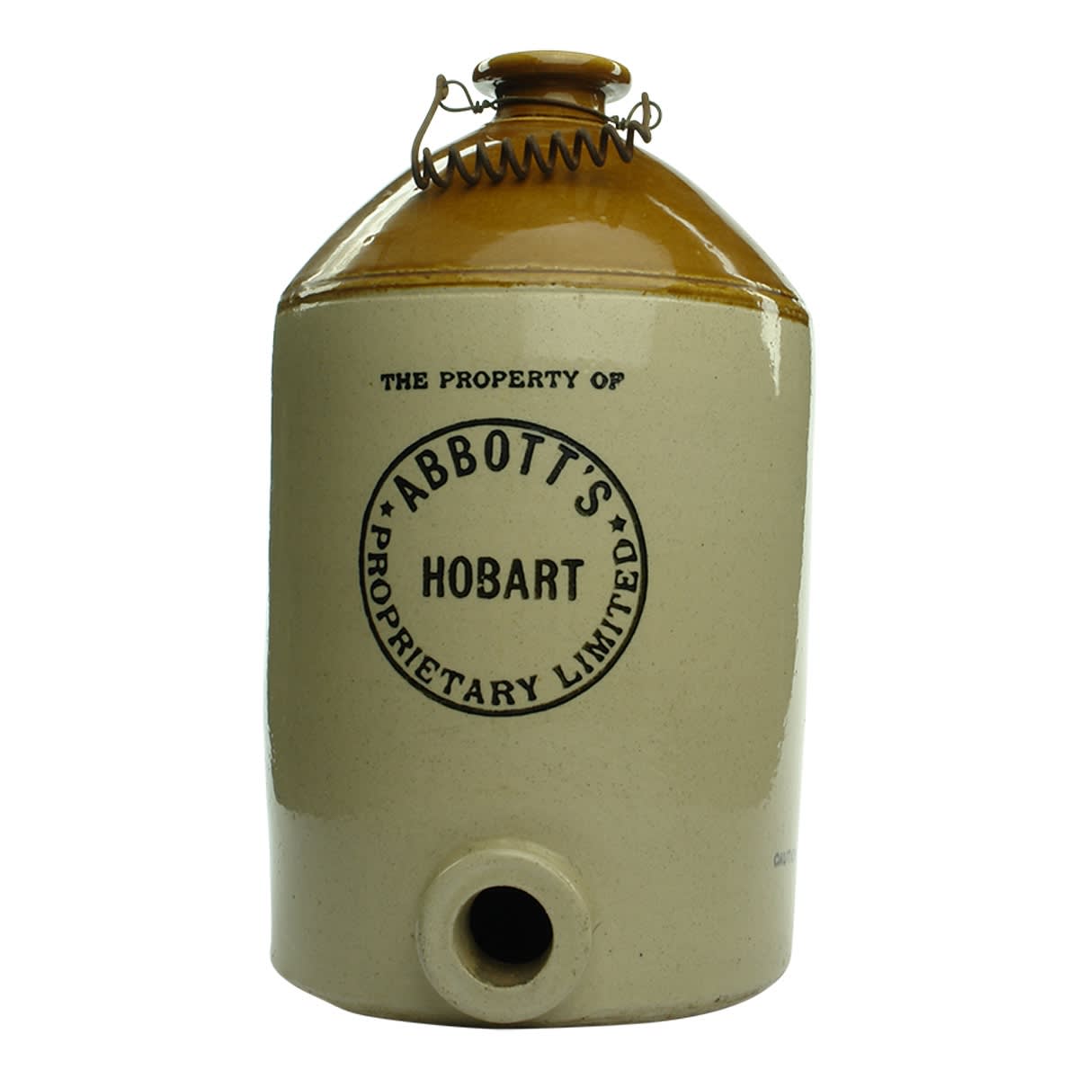 Demijohn. Abbott's Proprietary Limited, Hobart.  R. Fowler Ltd., Sydney, D P, 36. Cork Stopper. Tan Top. 2 Gallon. (Tasmania)