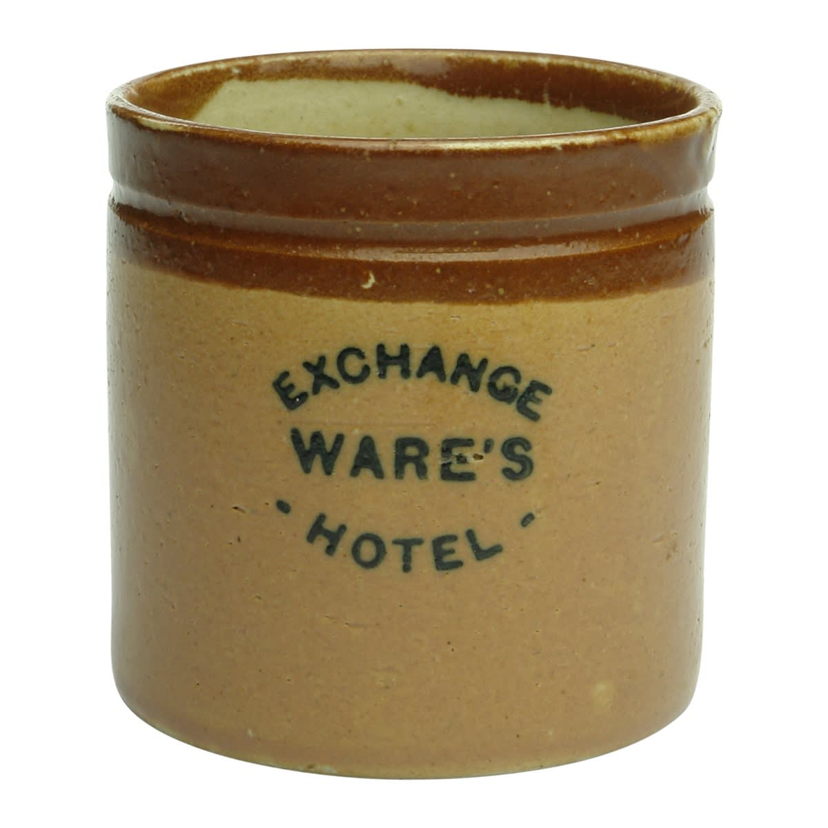 Printed Beer Mug. Ware's Exchange Hotel. Adelaide and/or Kalgoorlie. Small size. 83 mm. (South Australia & Western Australia) (Late Kingsley Durdin collection)