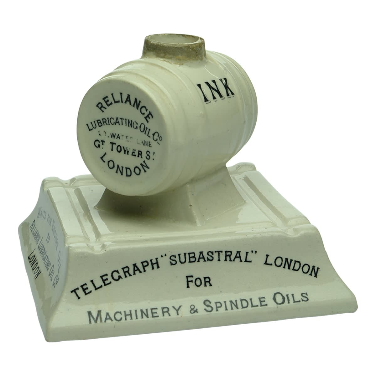 Ink. Reliance Lubricating Oil Co, 20 Water Lane, Gt Tower St., London. Advertising Inkwell. (United Kingdom) (Late Kingsley Durdin Collection)