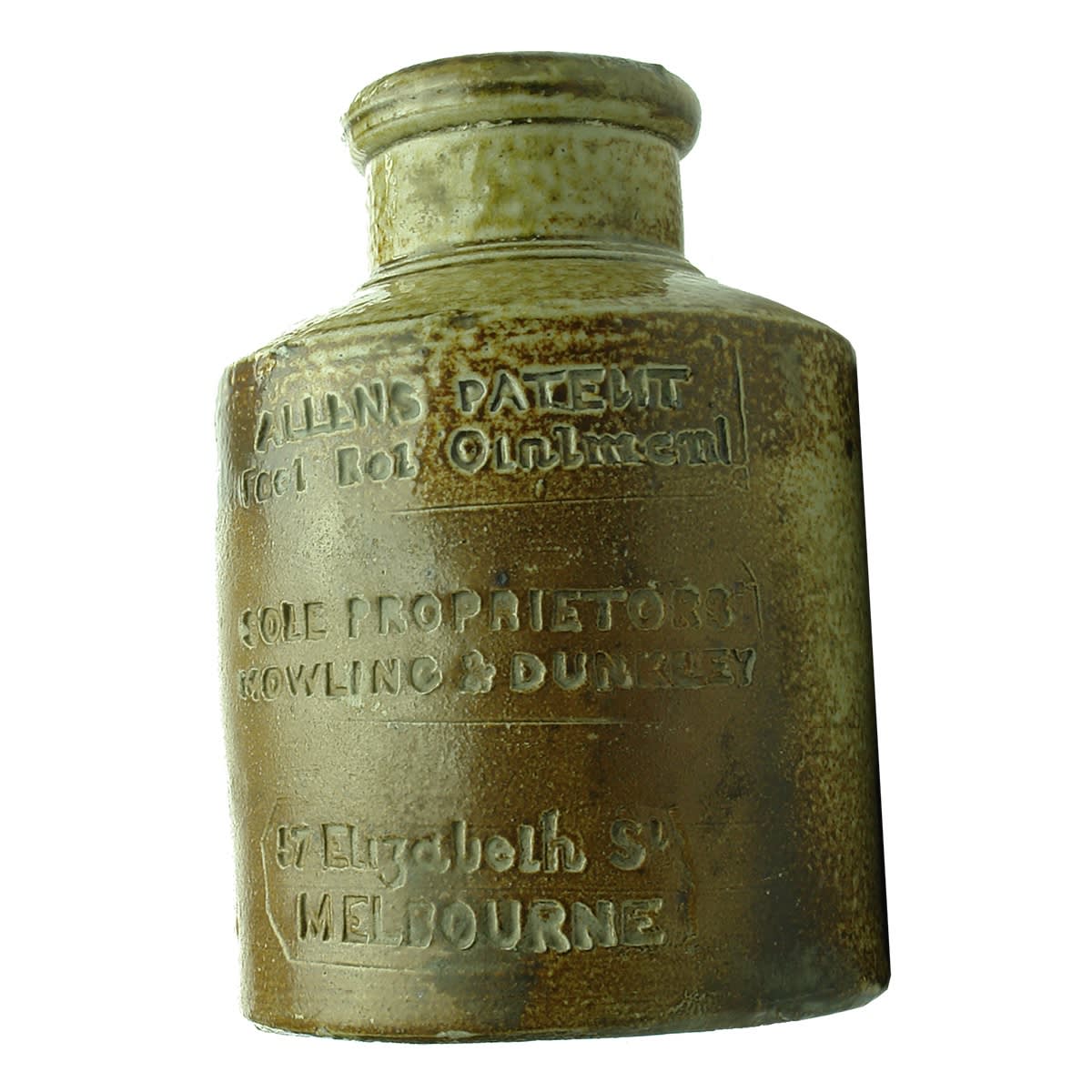 Stoneware Ointment Jar. Allens Patent Footrot Ointment. Mowling & Dunkley, Elizabeth St., Melbourne. Salt Glaze. Impressed. (Victoria)