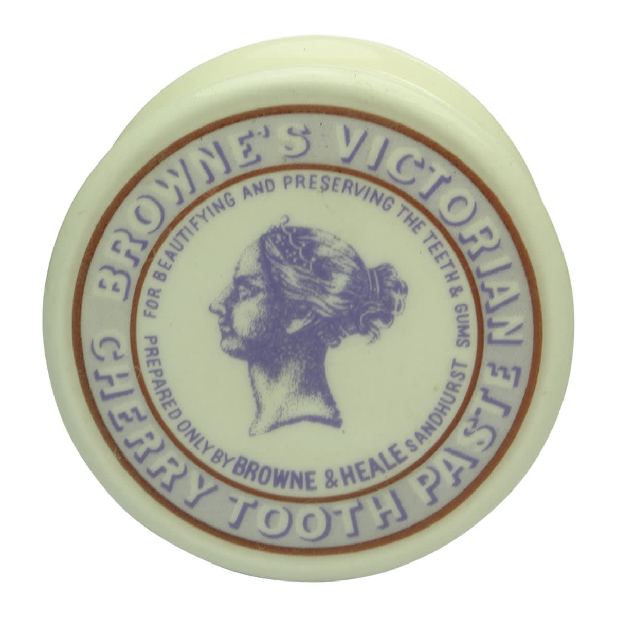 Pot Lid/Trophy. Browne's Victorian Cherry Tooth Paste, Sandhurst. 1st Prize 1994, Sandhurst Antique Bottle Collectables Club, 9/130. (Victoria)