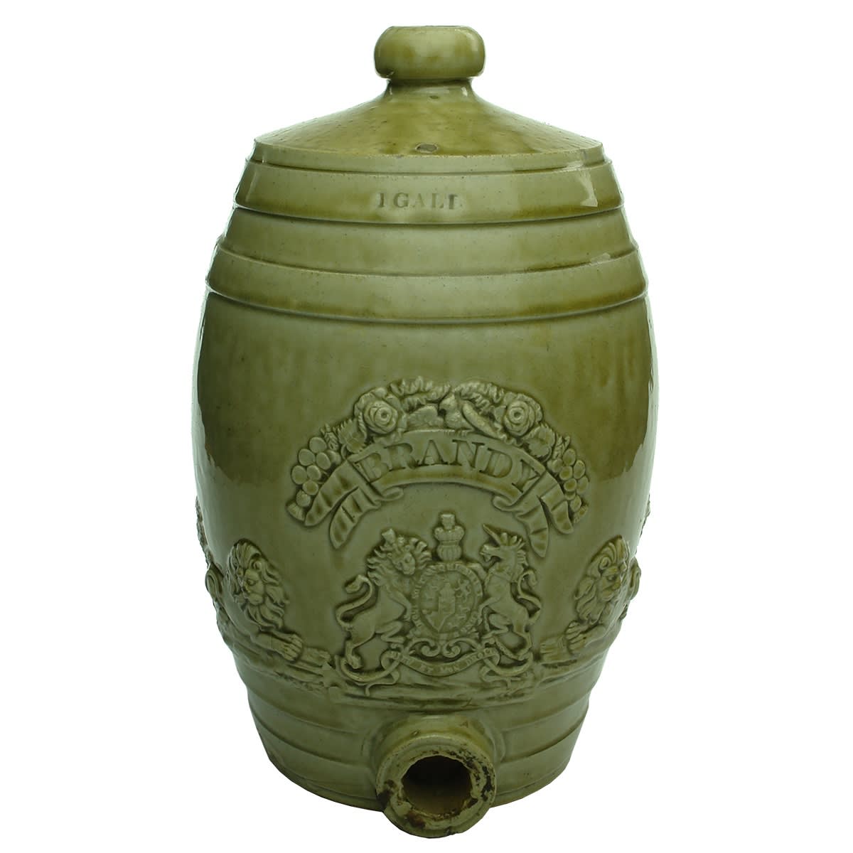 Stoneware Barrel. Slab Seal Brandy. Royal Coat of Arms. Seated Lions. 1 Gallon. Greenish glaze.