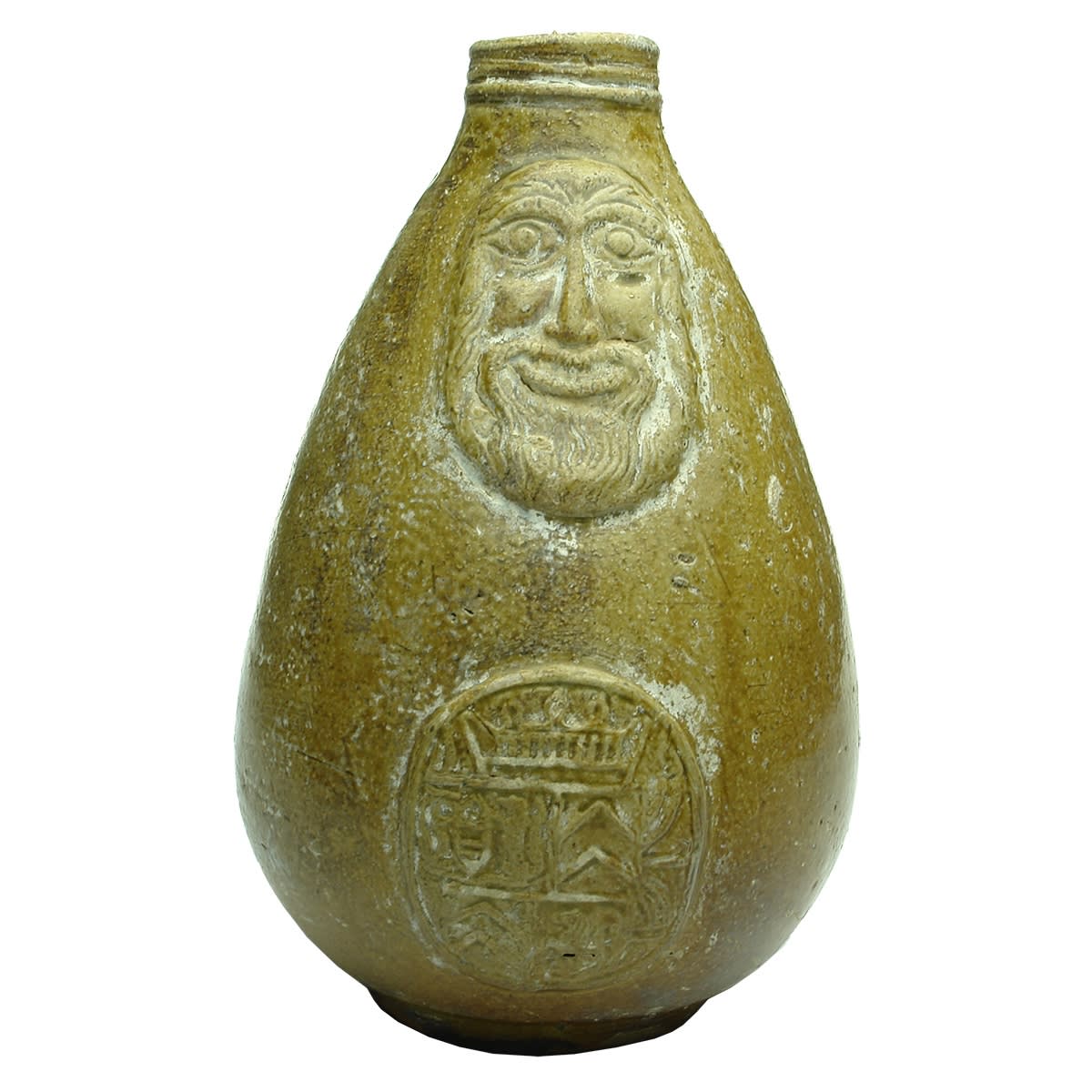 Bellarmine or Bartmann Jug? Bearded face and large round medallion to body. Weird shape. Fine concentric rings on base.