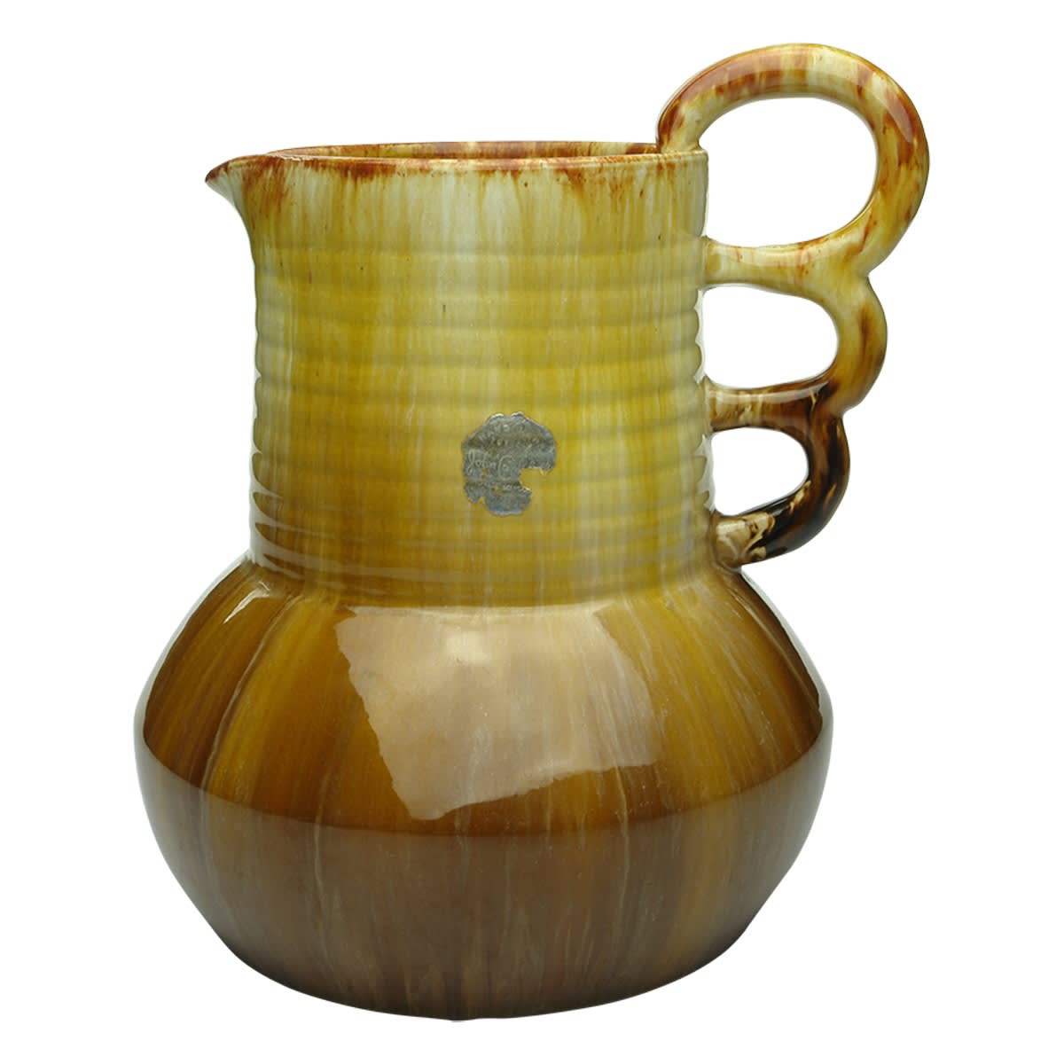 Pottery. Large John Campbell, Tasmania Jug with Triple Handle and original sticker. 190 mm. (Tasmania)