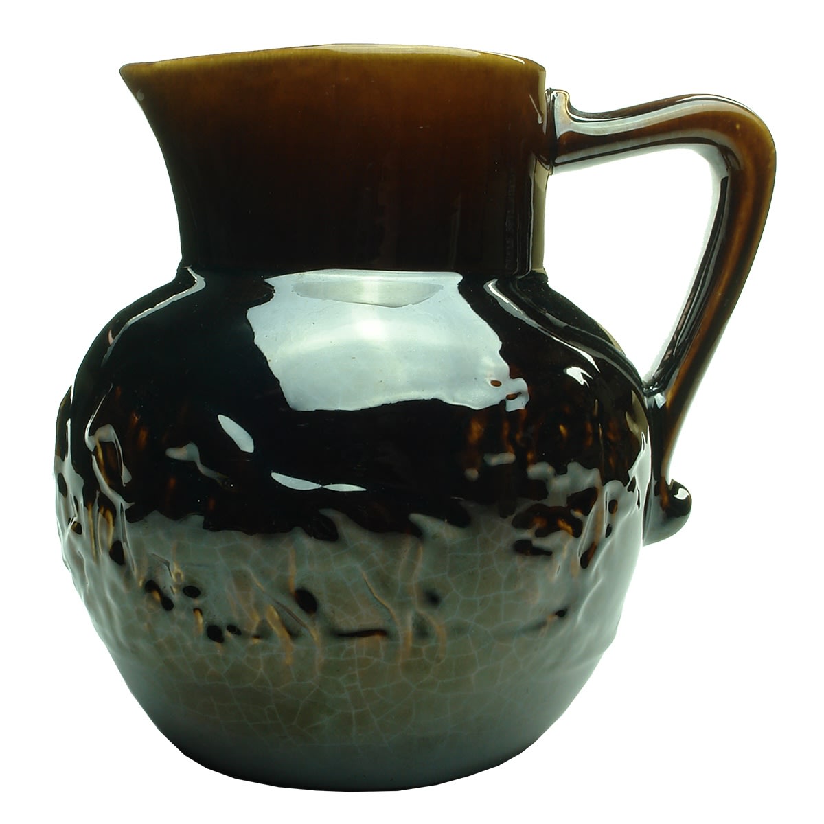 Large pottery water jug. Rural scene, Horses, Dogs etc. R. Fowler Limited, Australia Archer stamp.