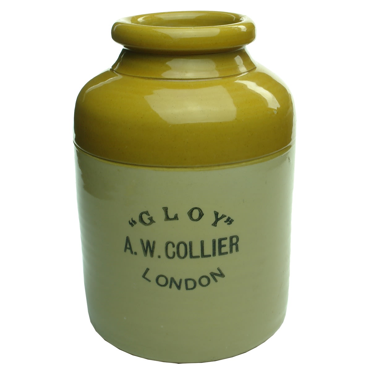 Large Glue Jar! "Gloy" A. W. Collier, London. Tan top. Half Gallon.