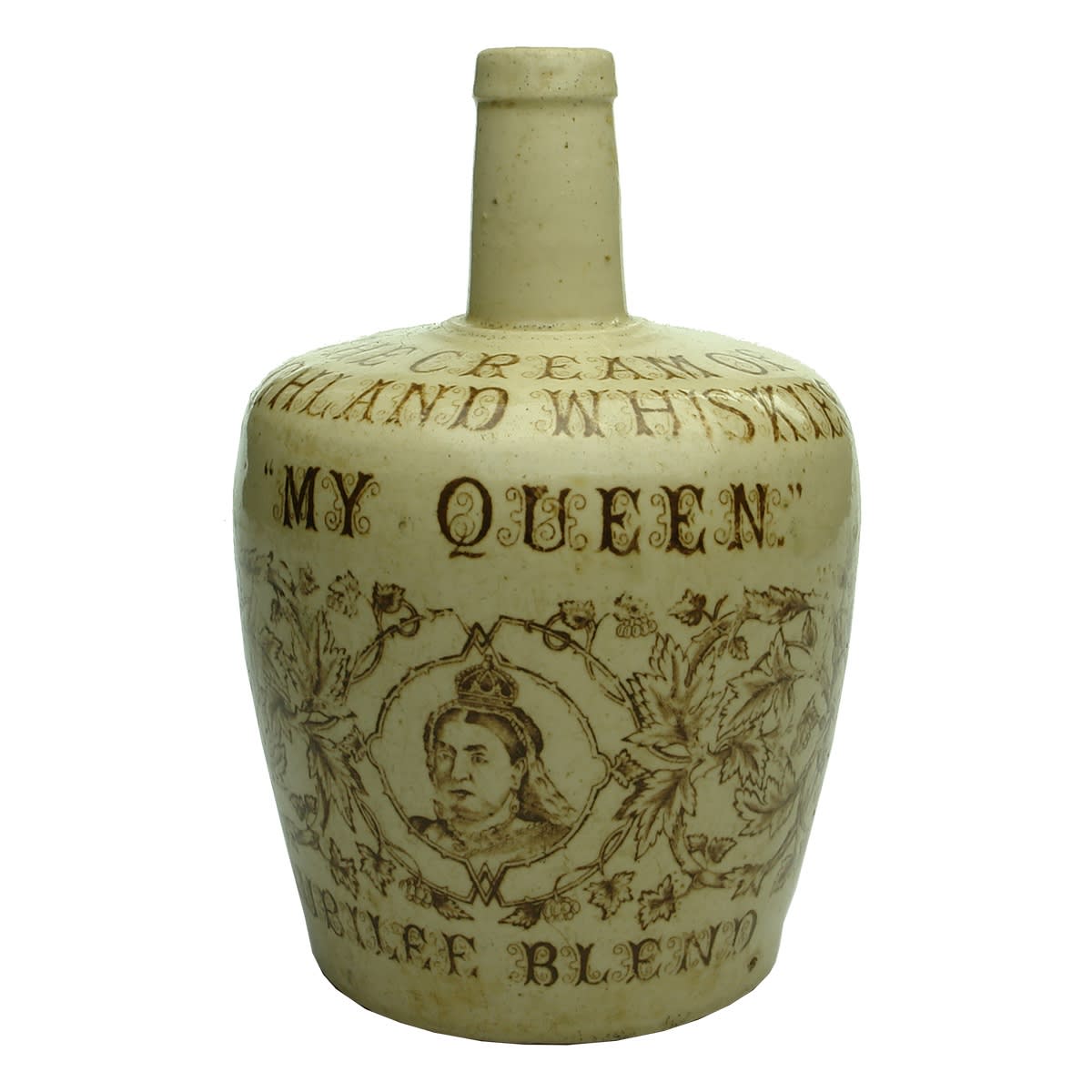 Whisky Jug. My Queen Jubilee Blend. Thom & Cameron Limited, Glasgow. Sepia Print. Quart.