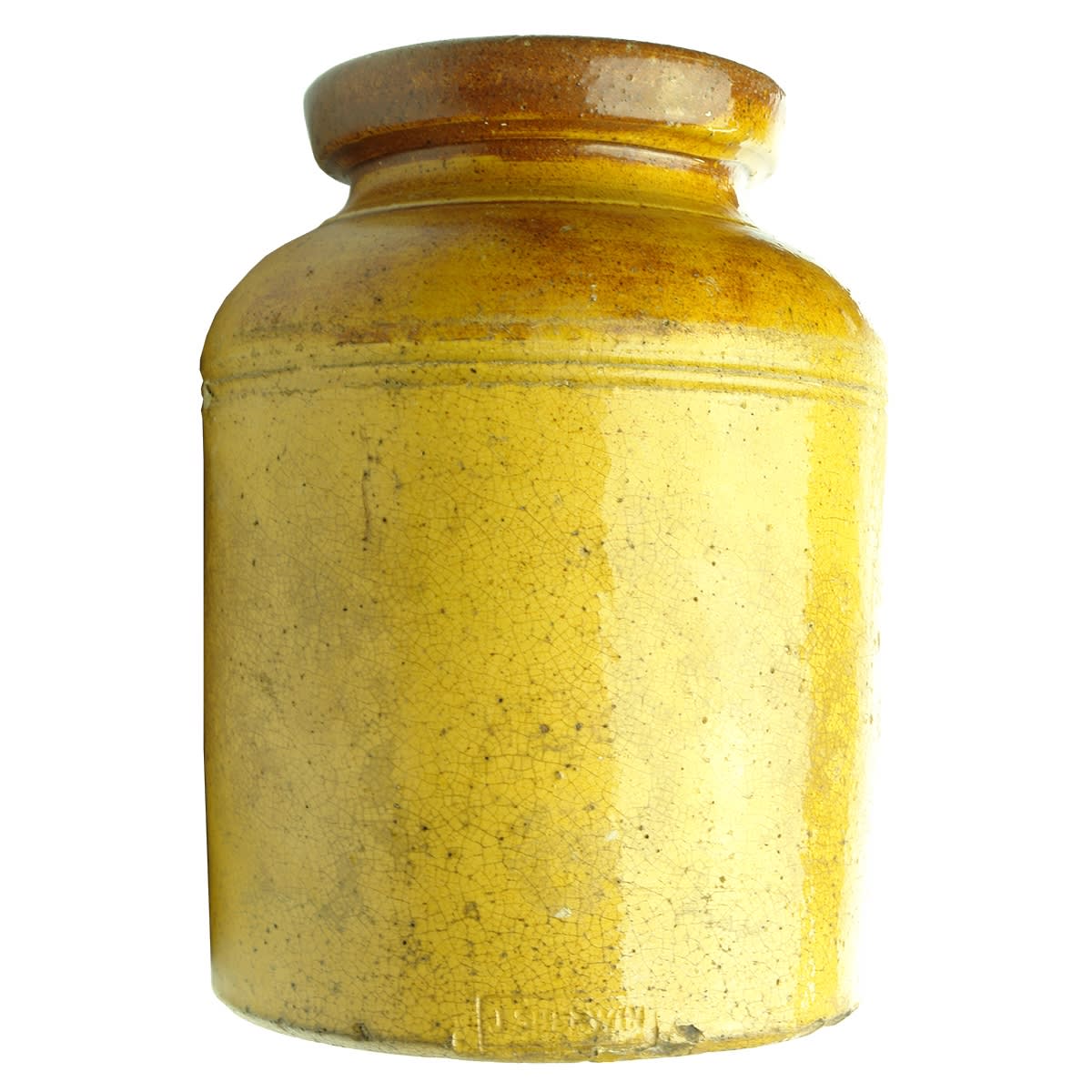 Pottery. J. Sherwin. Jar. Reddish tan lip, lighter shoulder and orange body. 162 mm. (Tasmania)