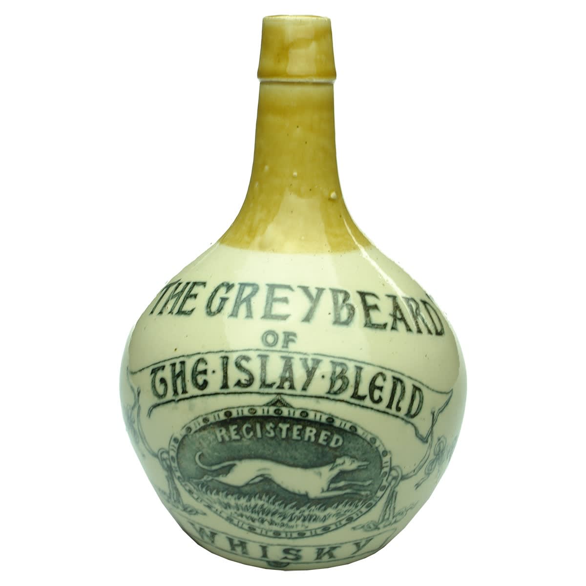 Whisky Jug. Mackie & Co., Glasgow & Islay. The Greybeard. Islay Blend. Greyhound. Small size.