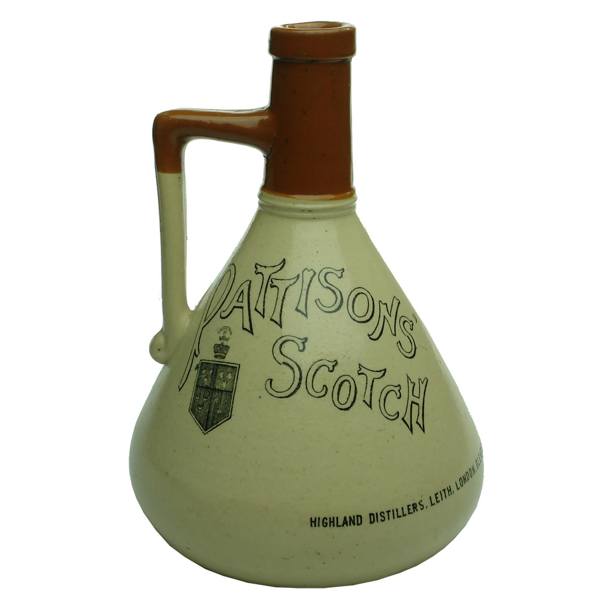 Whisky Jug. Pattisons Scotch. Highland Distillers, Leith, London, Glenfarclas - Glenlivet, Ballindalloch and Aultmore Keith. Red Top. Pyramid shape.