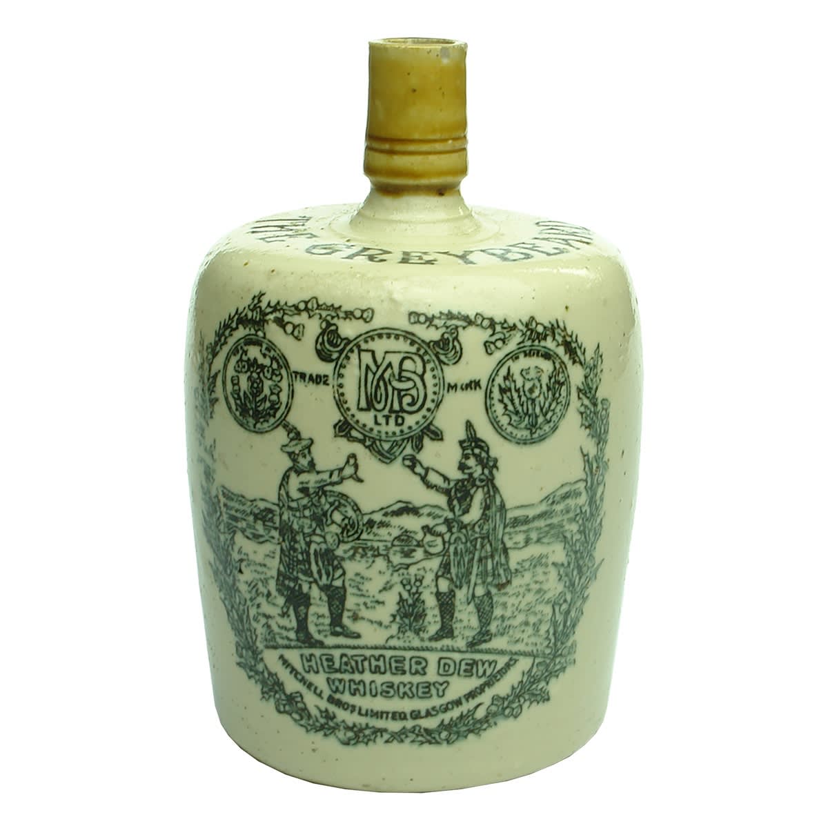Whisky Jug. The Greybeard. Mitchell Bros., Glasgow. Heather Dew Whiskey. Moulded type with indented base.
