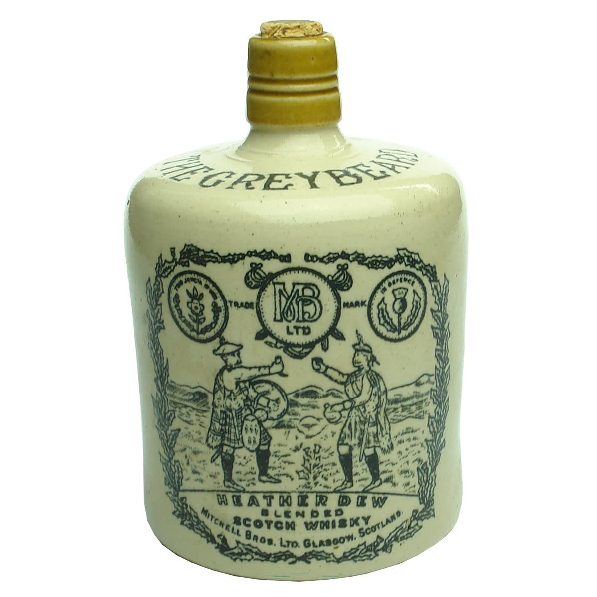 Whisky Jug. The Greybeard. Mitchell Bros., Glasgow. Heather Dew Blended Scotch Whisky. Moulded type with indented base. Buchan Portobello.