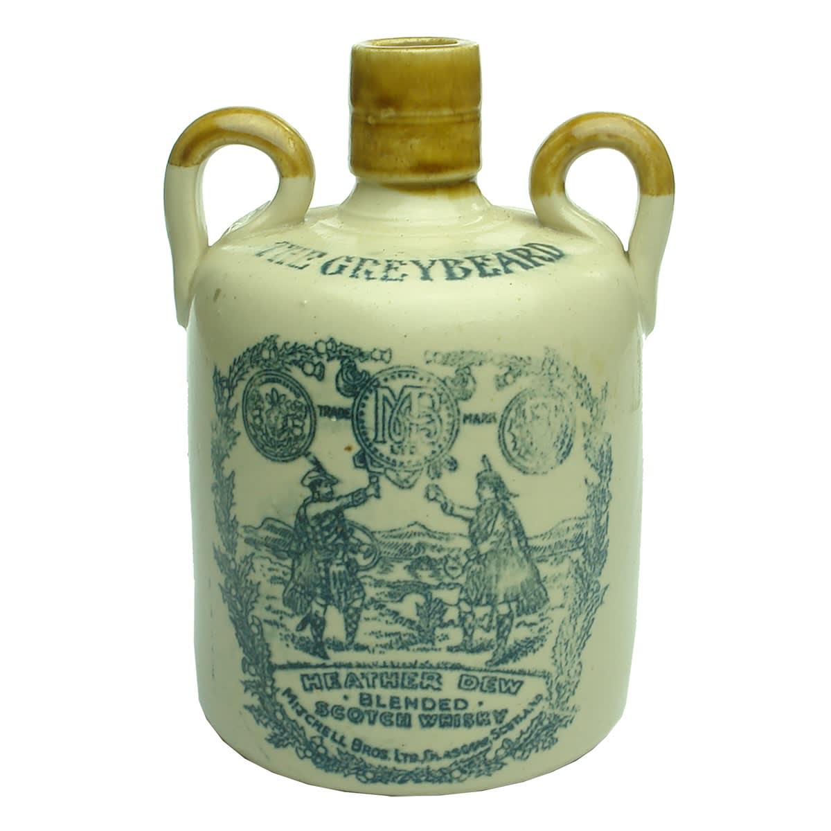 Whisky Jug. The Greybeard. Mitchell Bros., Glasgow. Heather Dew Blended Scotch Whisky. Moulded type with indented base. Double handle. Possil Pottery.