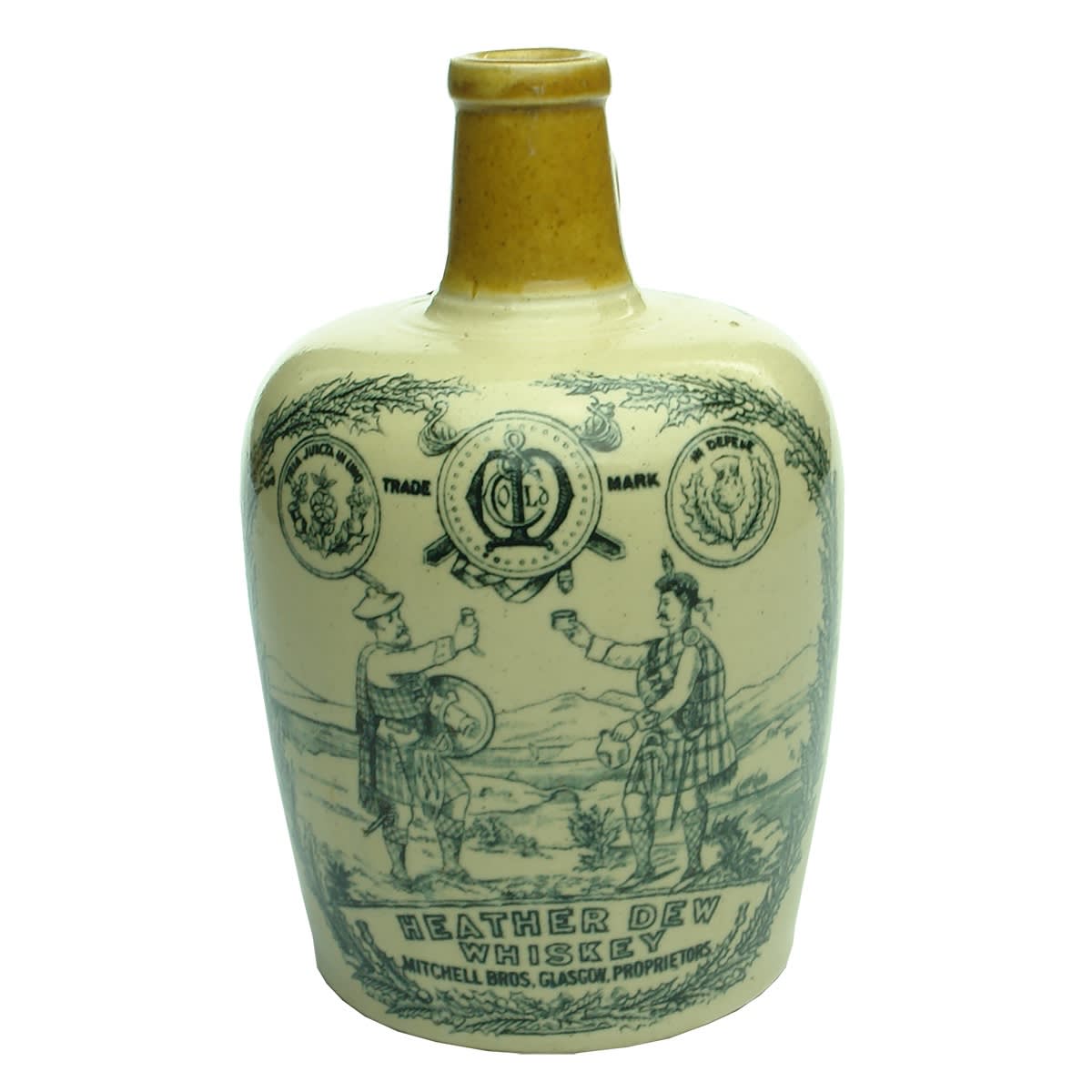 Whisky Jug. The Greybeard. Mitchell Bros., Glasgow. Heather Dew Whiskey. Murray & Co, Glasgow Pottery.