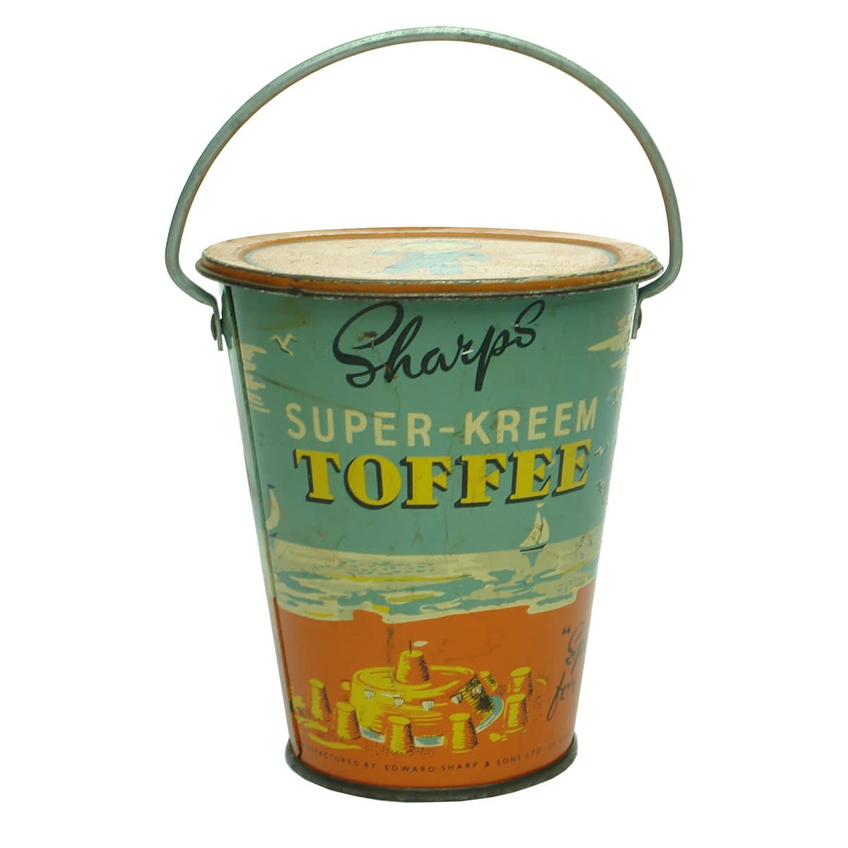 Tin. Sharps Super-Kreem Toffee, Maidstone, England. Small handled bucket with tin lid.