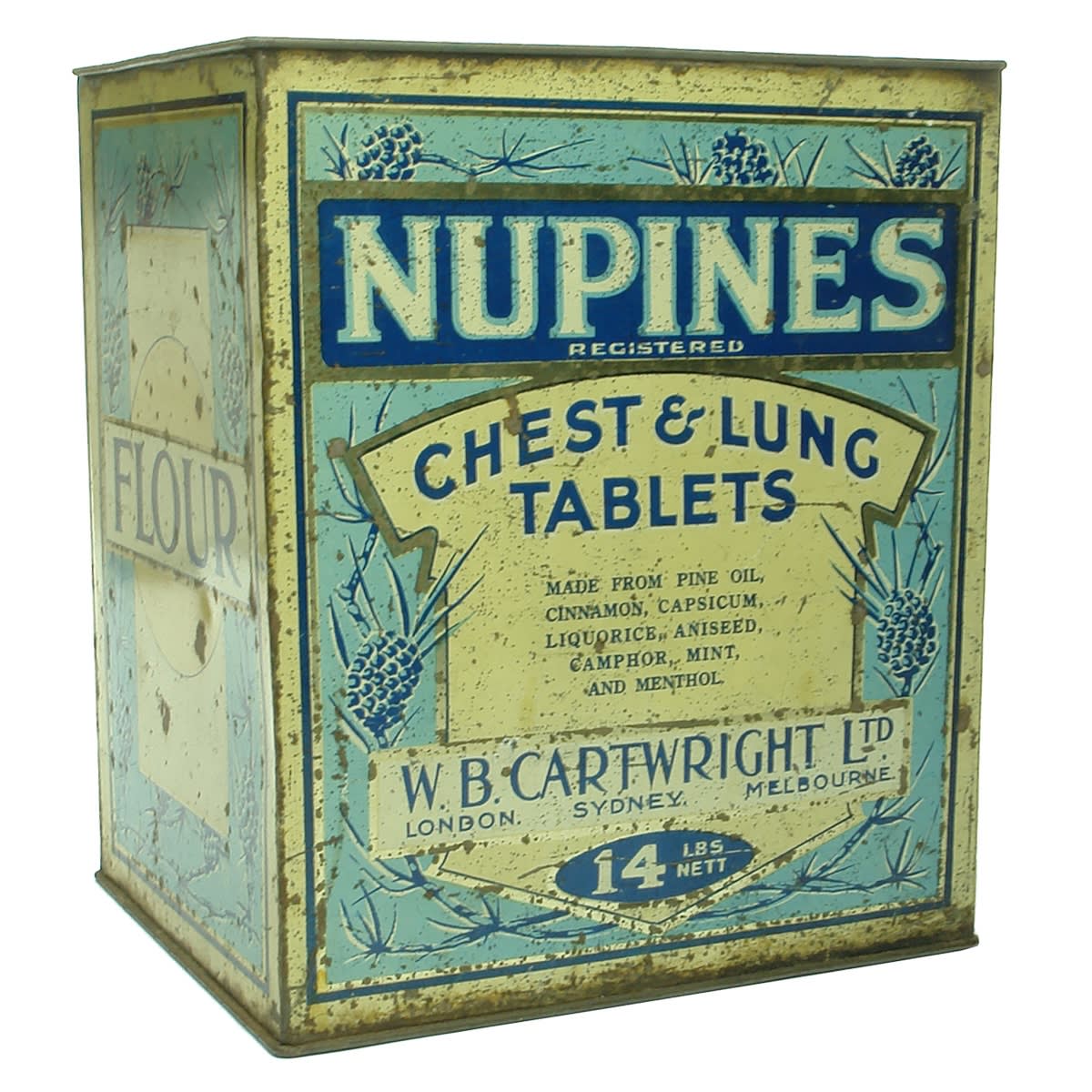 Tin. Nupines Chest & Lung Tablets, W. B. Cartwright Ltd., London, Sydney, Melbourne. 14 Pounds.