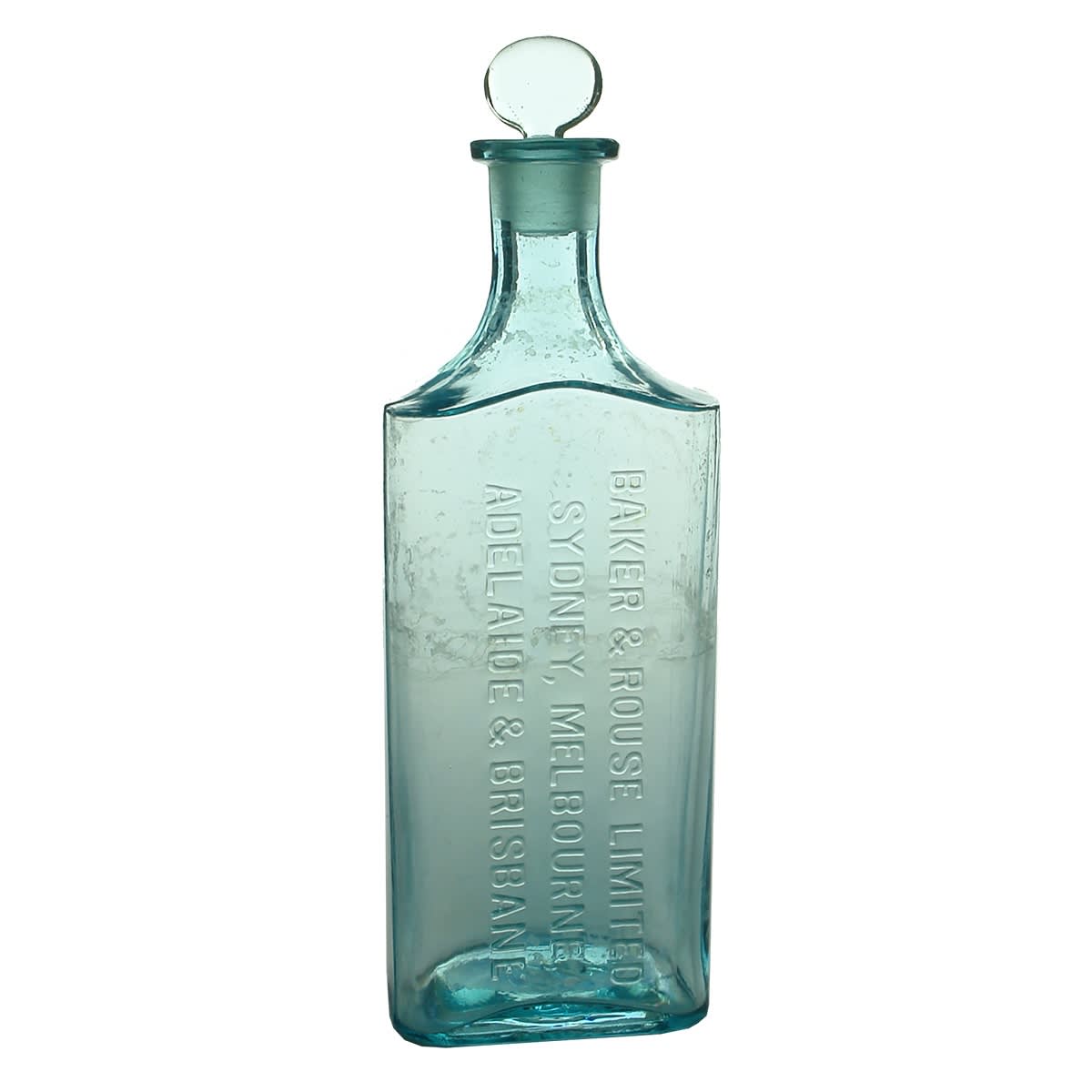 Miscellaneous. Baker & Rouse Ltd, Sydney, Melbourne, Adelaide & Brisbane. Photography Chemicals. Aqua. 20 oz. Original stopper and ground neck. (New South Wales, Victoria, South Australia, Queensland)
