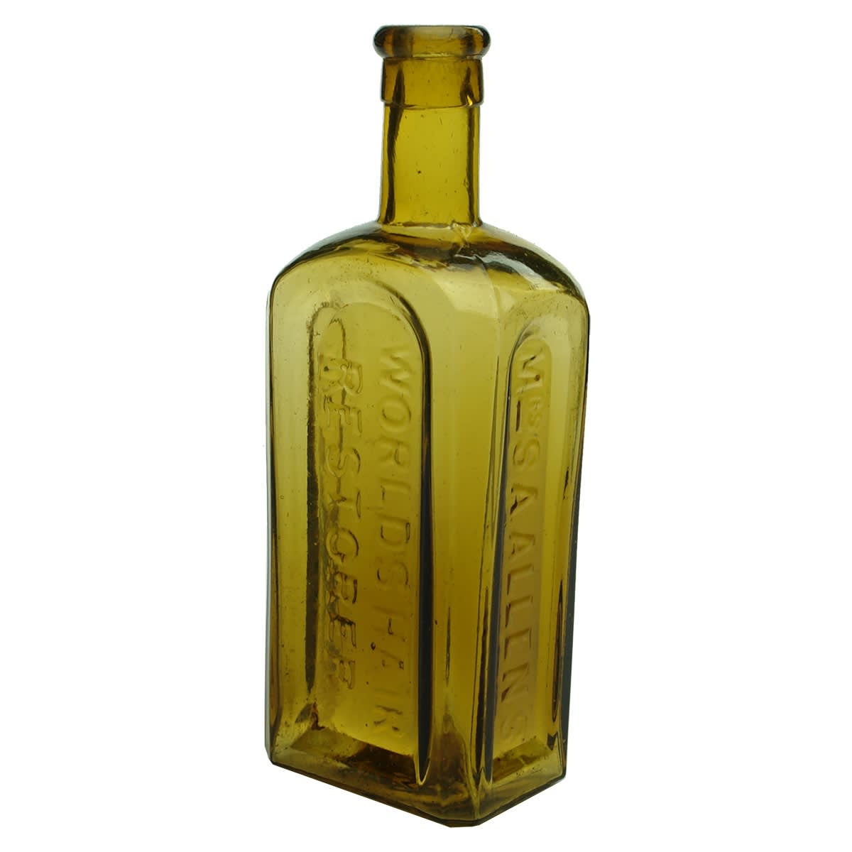 Hair Restorer. Mrs S. A. Allen's Worlds Hair Restorer. New York. Yellow. 10 oz 183 mm