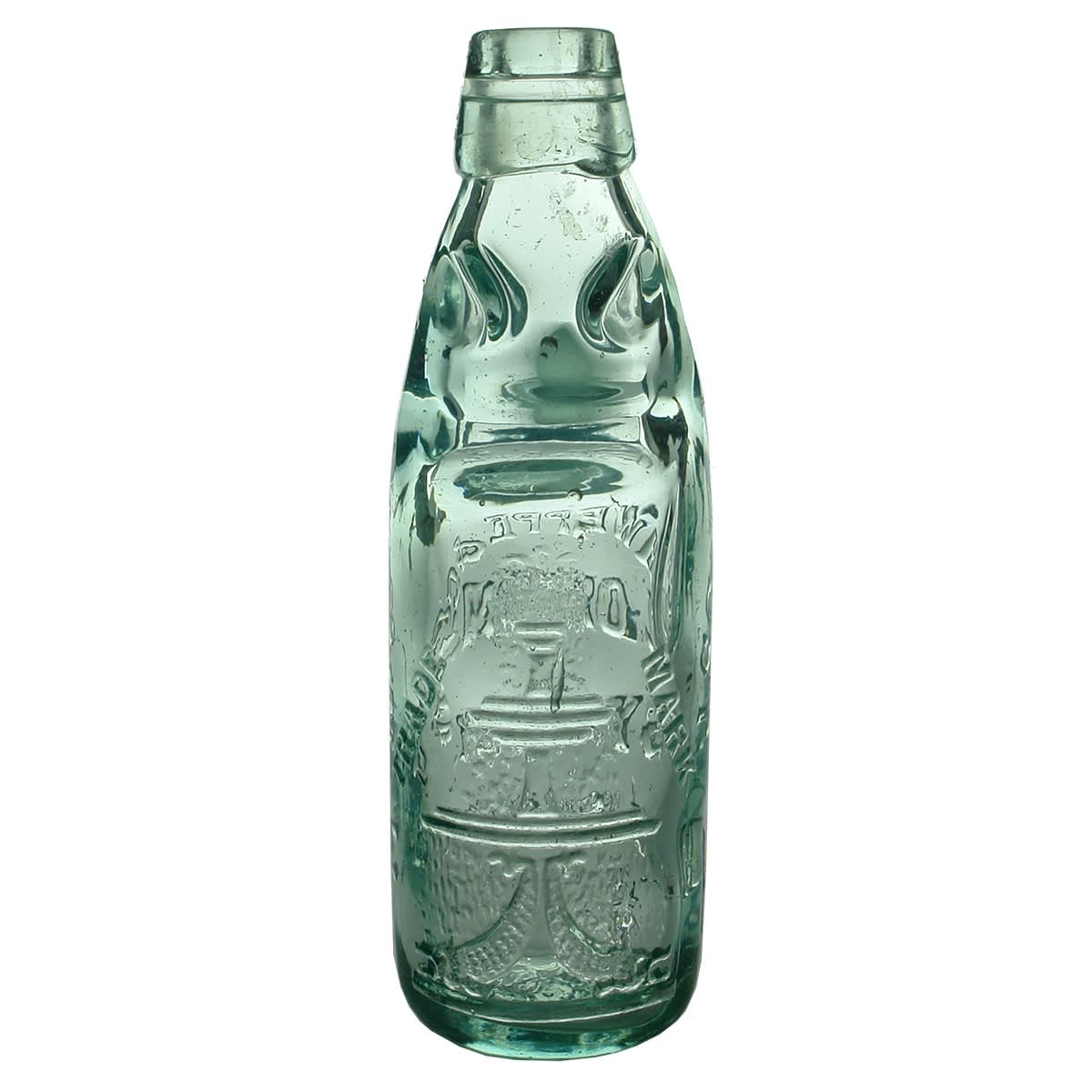 Codd. J. Schweppe & Co Ltd, London, Sydney, Melbourne. Kilner Bros. Niagara. Aqua. 6 oz. (United Kingdom, New South Wales, Victoria)