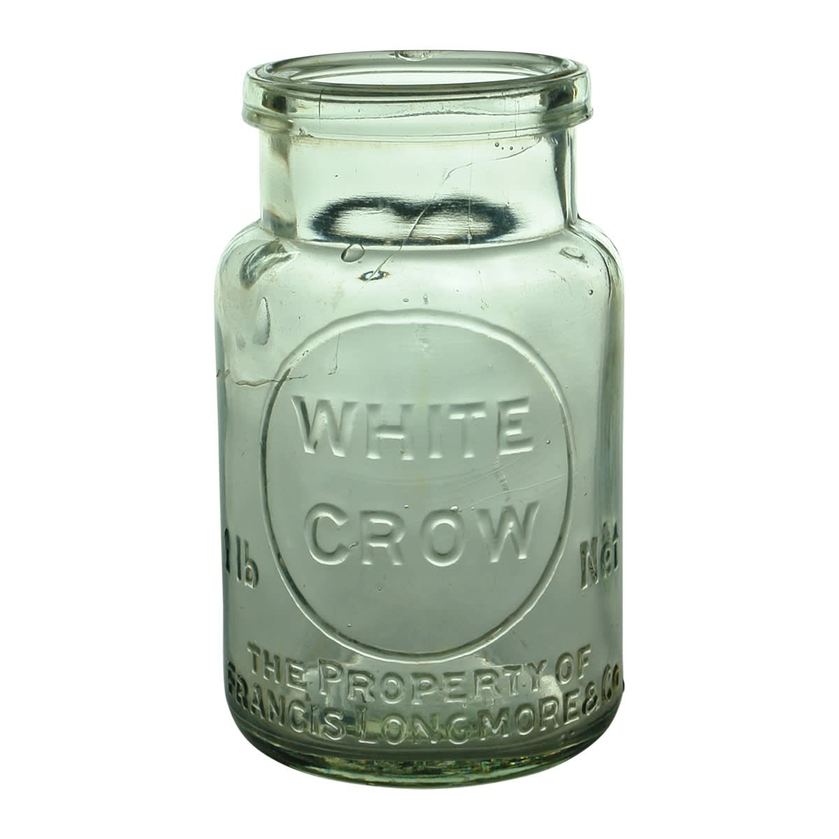 Jam Jar. White Crow, Francis Longmore. Clear. 1 Pound. (Victoria)