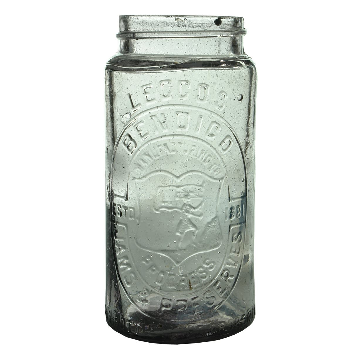 Jam Jar. Leggo's Bendigo. Progress. Mountain climber with Flag. Clear (Pale amethyst). 30 oz. (Victoria)
