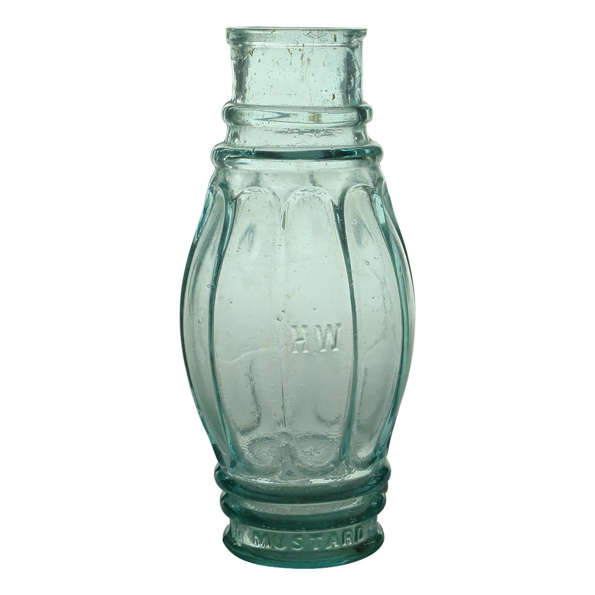 Household. H. W. Mustard Wine Jar. Ornate barrel shape jar. Aqua. 1 Pint. (United States) (Late Kingsley Durdin collection)