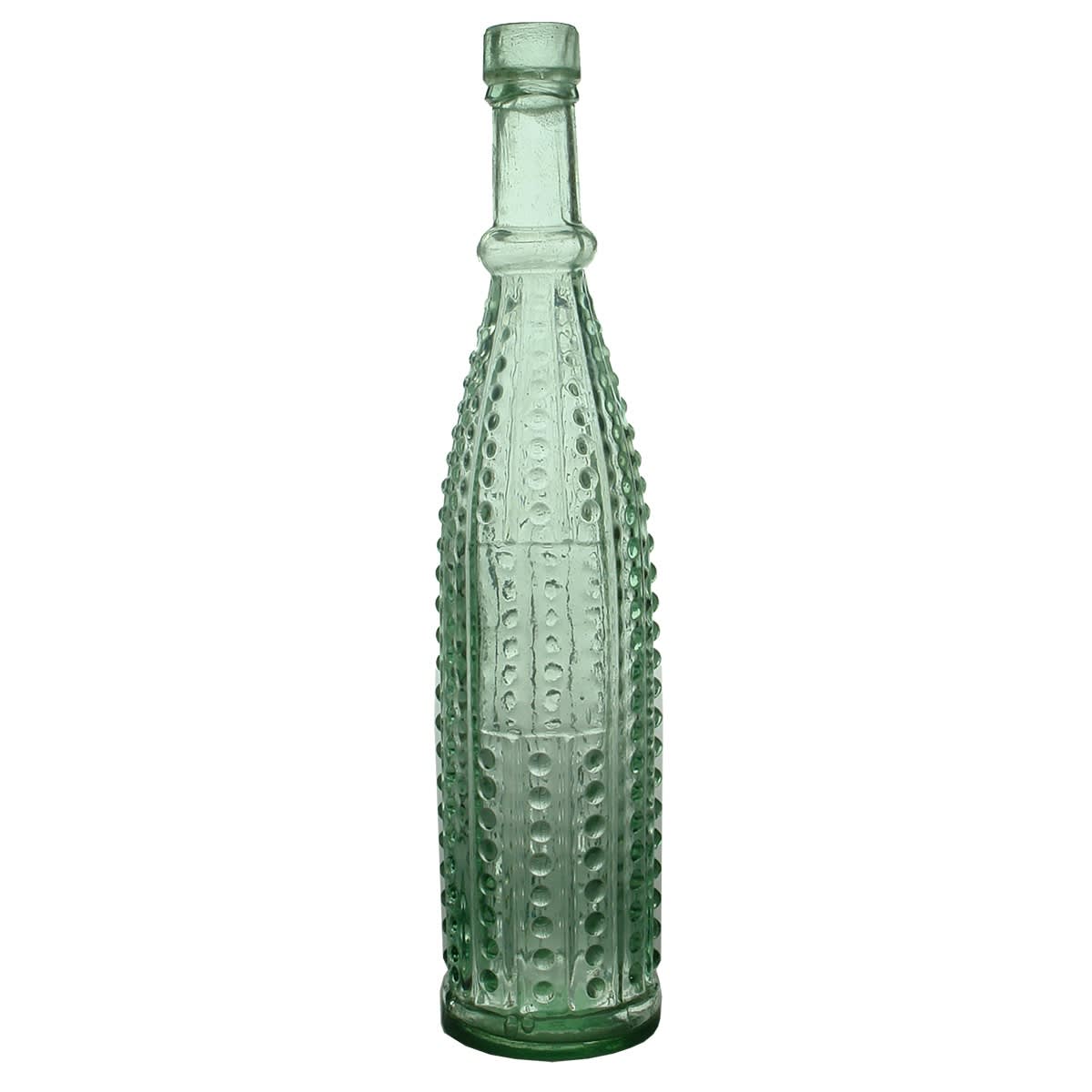Salad Oil. 12 columns of raised hobnail dots. Rectangular label space. Aqua. 5 oz. (United Kingdom) (This is from the late Kingsley Durdin collection)