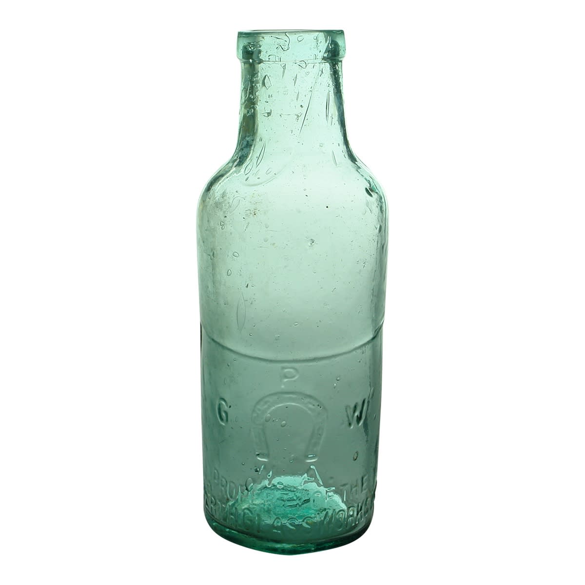 Pickle. Perth Glass Works. Horseshoe with no embossing inside. Aqua. 1 Pint. (Western Australia)