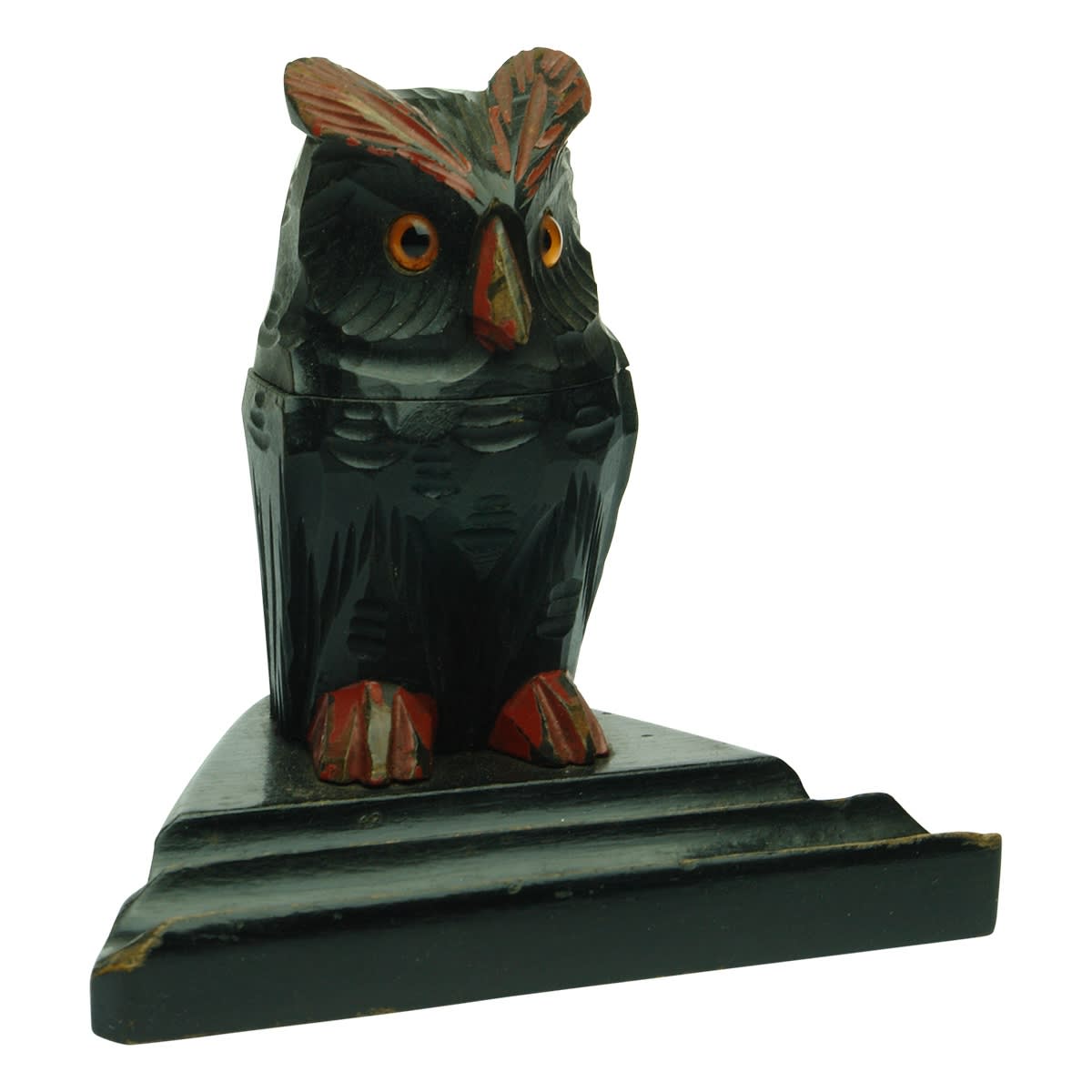Ink. Black Forest Hand Carved Owl Inkwell, Glass Eyes, Original Porcelain Ink Pot, Two Pen Rests at Front.