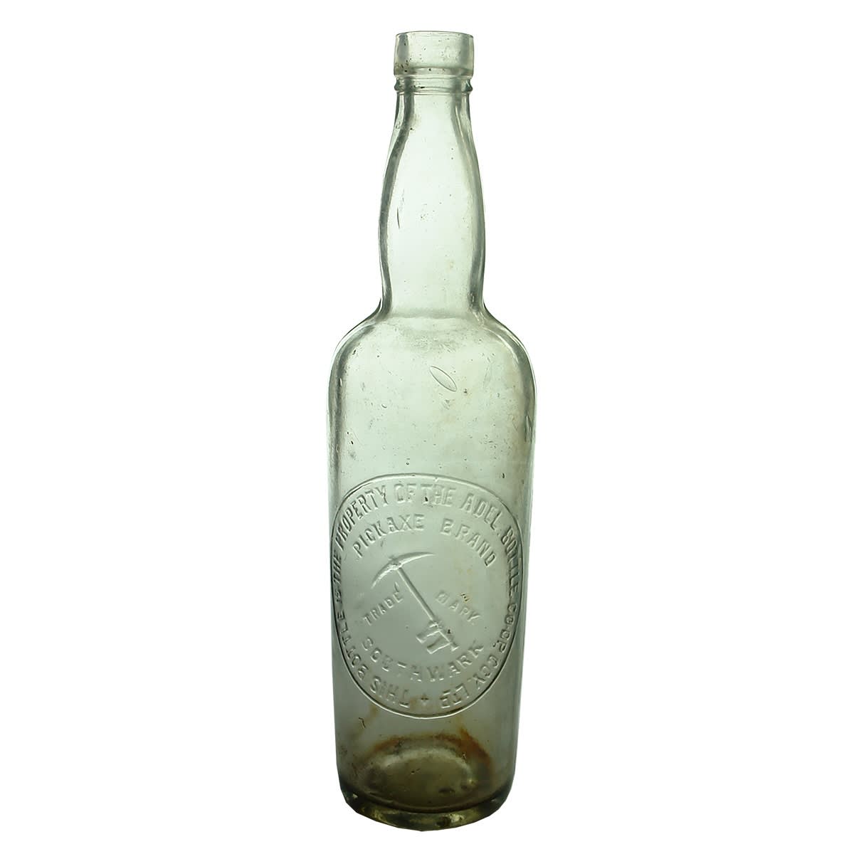 Gin. Pickaxe Brand, Southwark, Adelaide. Ledge in top. Grey Aqua. 26 oz. (South Australia)