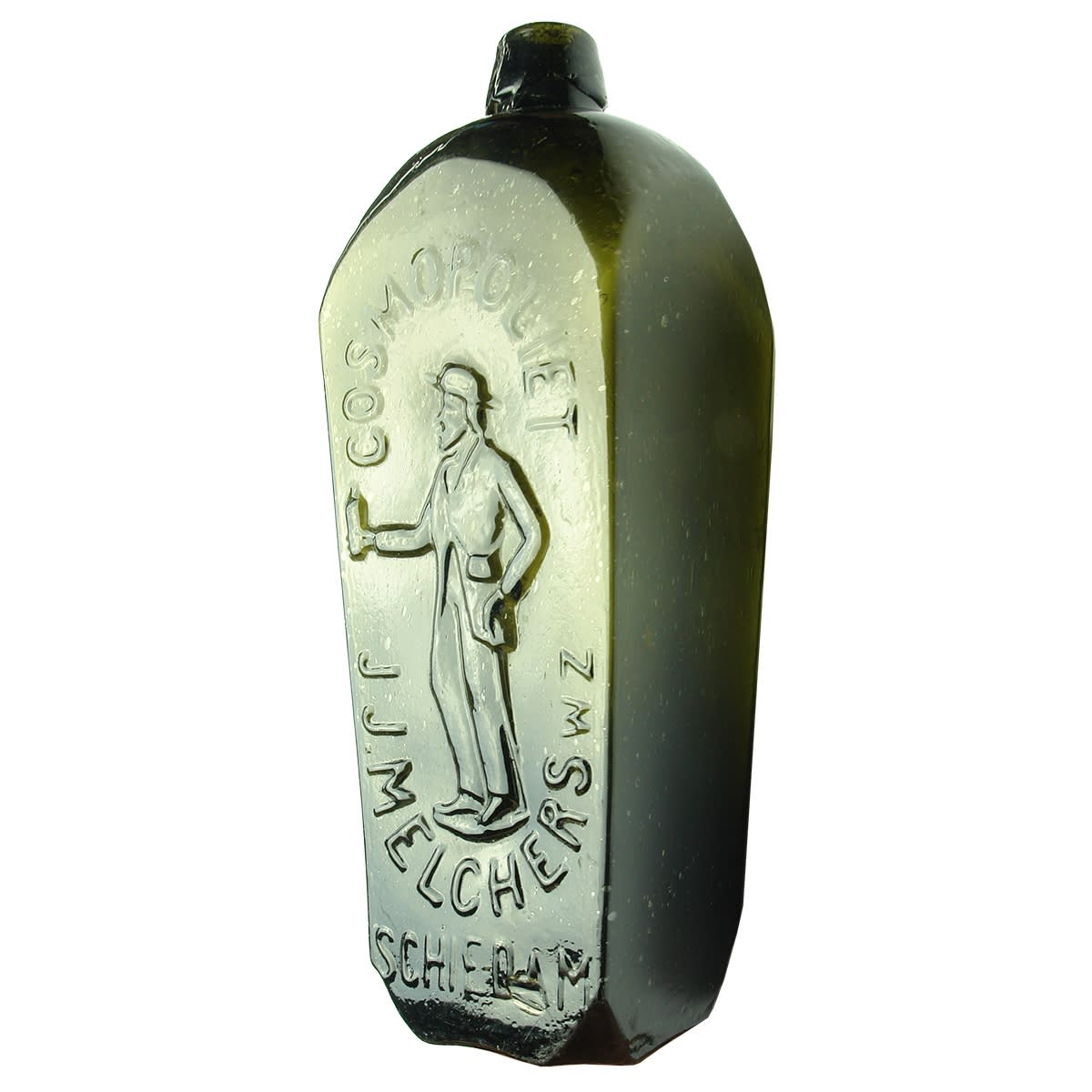 Gin. J. J. Melchers, Schiedam, Cosmopoliet, "Man Gin". Black. Quart. (Netherlands)