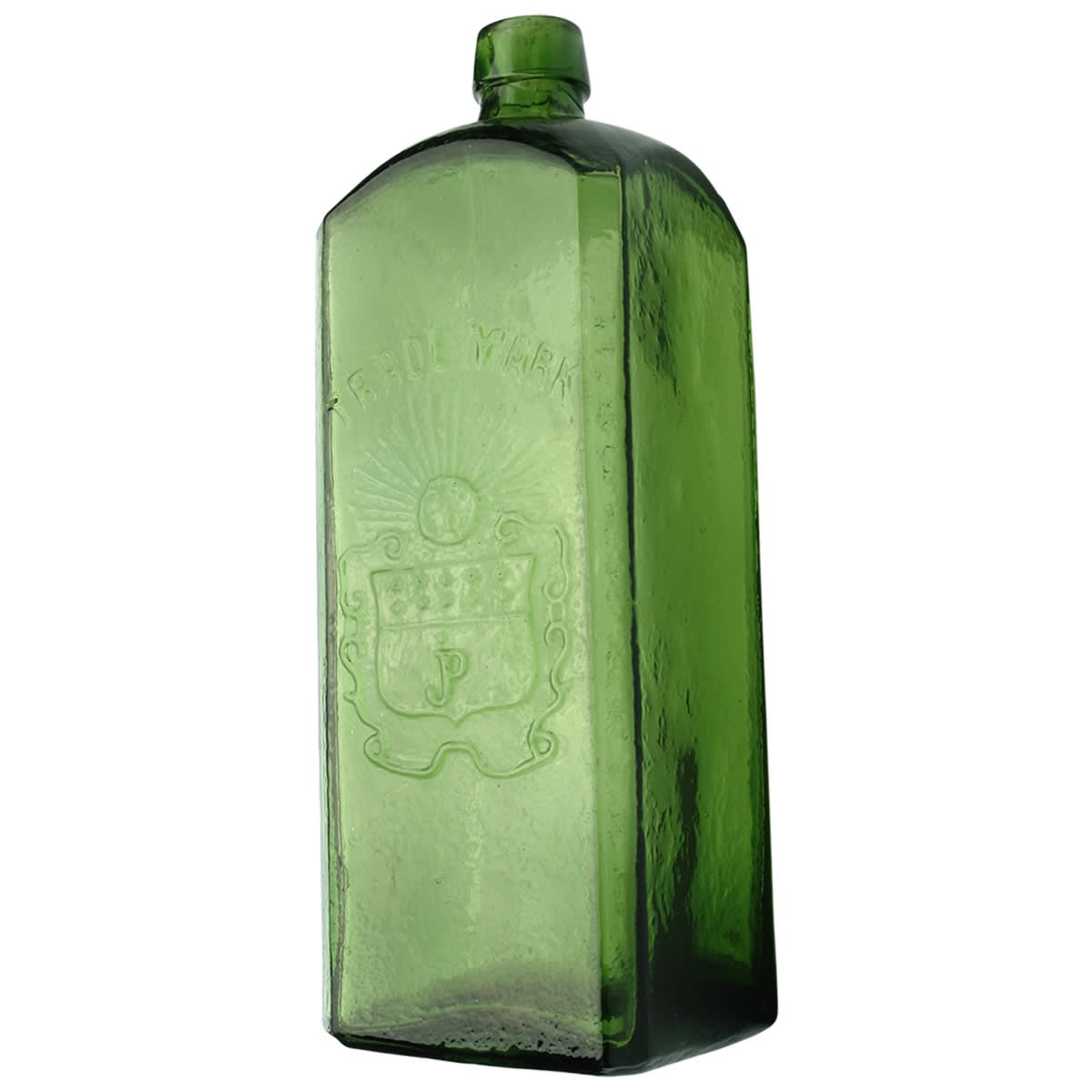 Schnapps. J&uuml;rgen Peters. Shield. Green. 26 oz. (Late Kingsley Durdin collection)