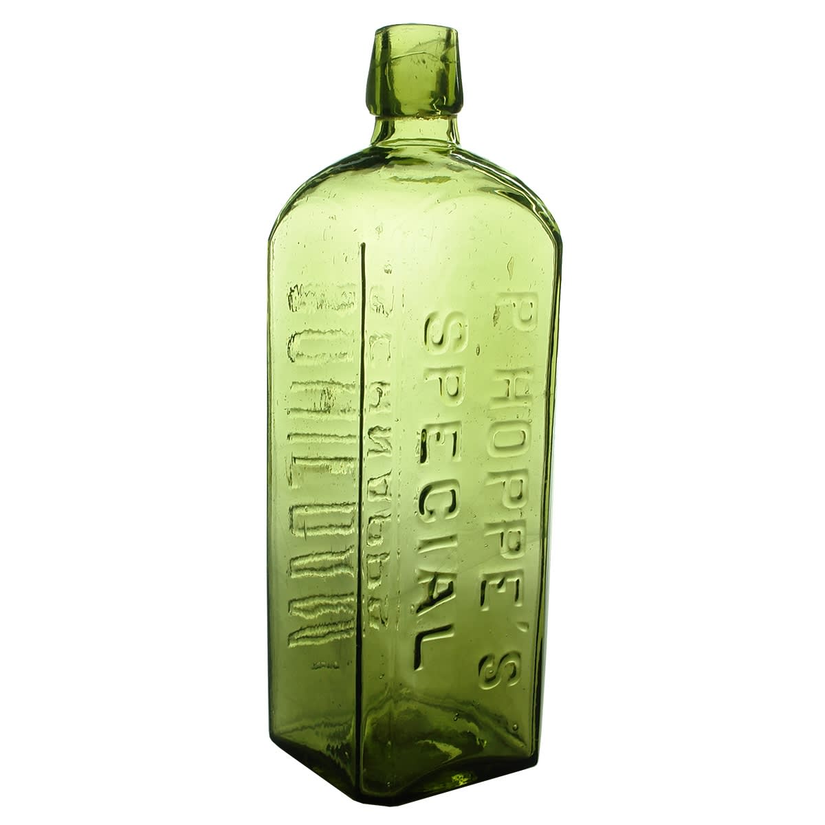 Schnapps. P. Hoppe's Special Schiedam Schnapps. Light Olive Green. 26 oz.