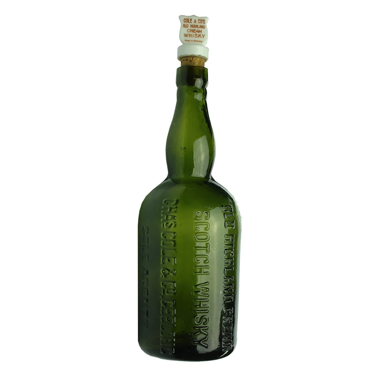 Whisky. Chas Cole, Geelong. Old Highland Cream. Original Display Stopper. Green. 26 oz. (Victoria)