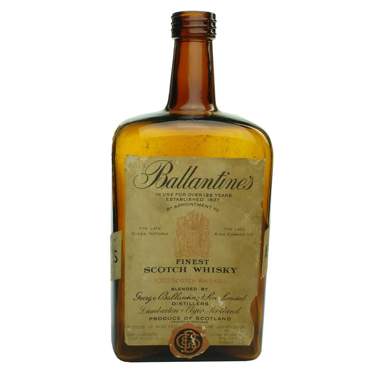 Display Whisky Bottle. Ballantine's Finest Scotch Whisky. 133 1/3 Ozs. John Woods & Co Sydney, Amber.