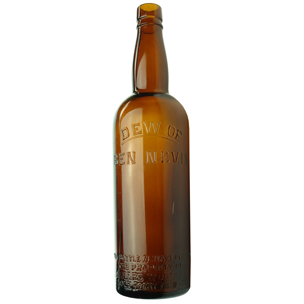 Whisky. Dew of Ben Nevis. Richard Wootton, Sole Agent for NSW. Amber. 26 oz. (New South Wales)