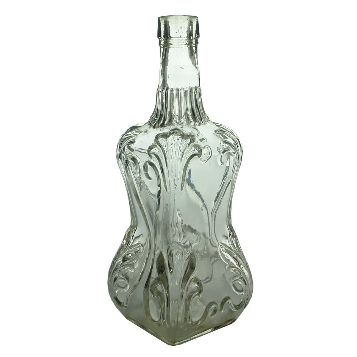 Spirits. Decorative Whisky bottle. Fancy pinch waisted moulded shape. Rd No 292875 on base. Clear. 26 oz.