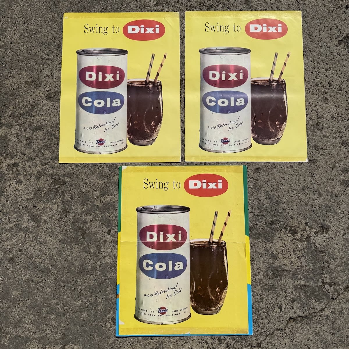 5 paper/cardboard signs: 2 x Dixi Cola. Canned by Tarax 2 x Edgell the Great Aussie Price Fighter.