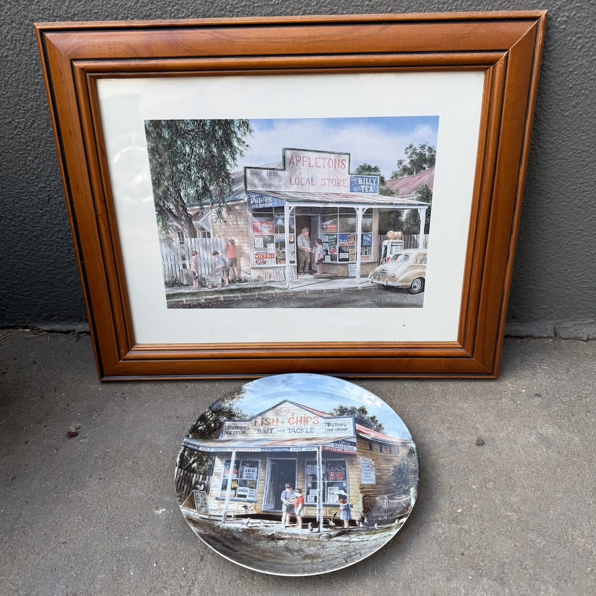 2 Gordon Hanley Pieces: Framed Print, Appleton's Local Store Porcelain Plate titled "Fish & Chips". G K Hanley.
