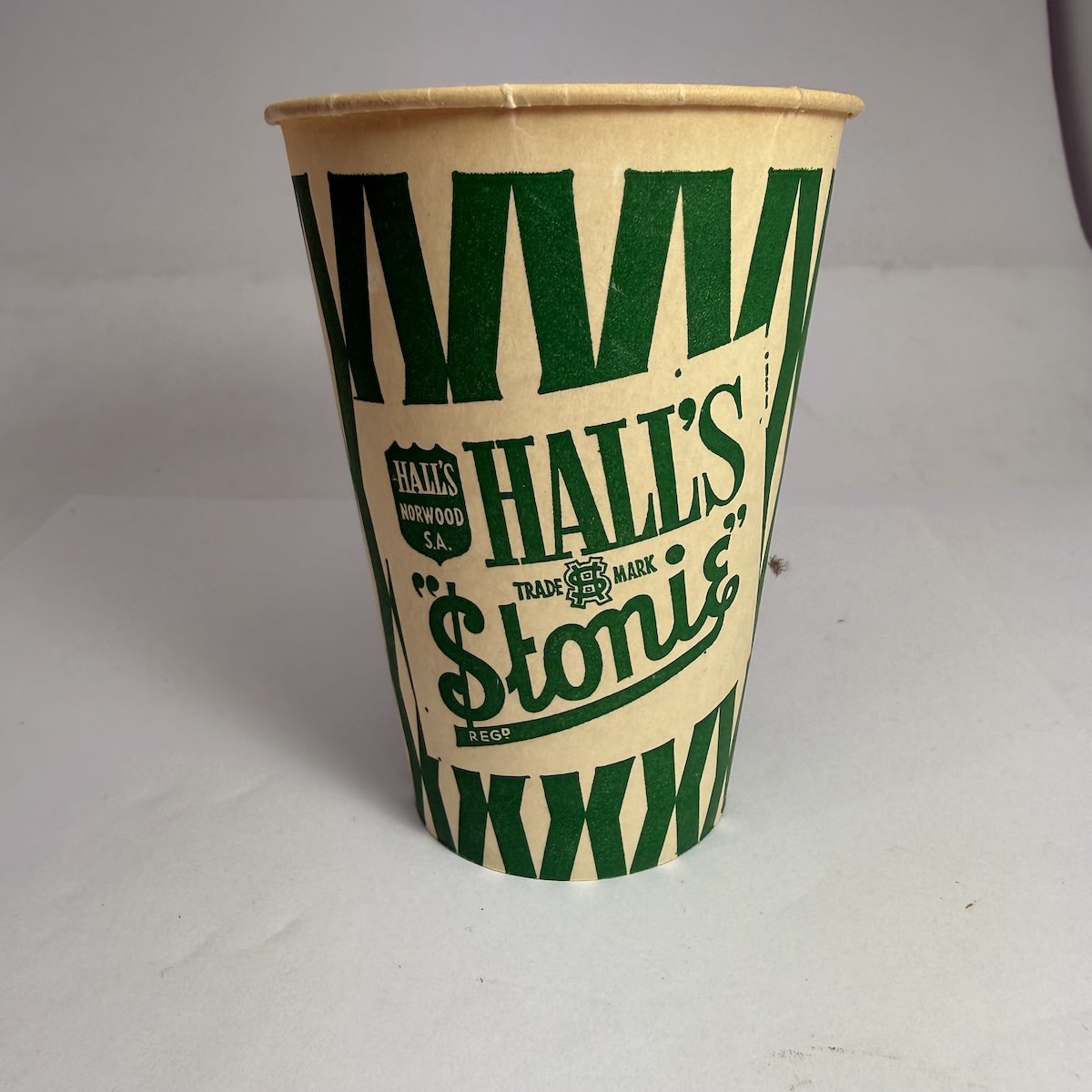 Wax Paper Cup. Hall's Refreshing Fruit Cordial. Hall's Stonie. HS Monogram. Hall & Sons Norwood. (South Australia)