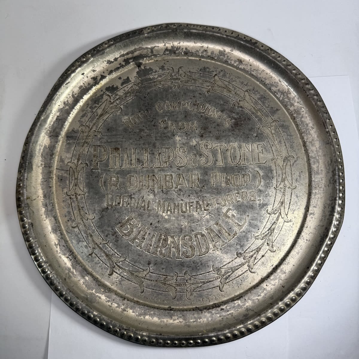 Advertising Serving Tray. Phillips & Stone Cordial Manufacturers Bairnsdale. R. Dunbar Proprietor. Plated etched tray. (Gippsland, Victoria)
